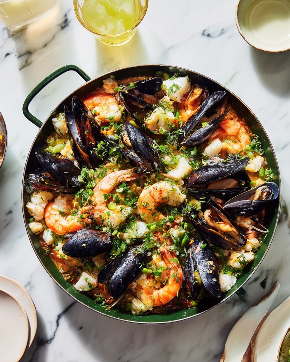A green pan filled with a mix of seafood on a white marbled surface; the dish has three main layers: the bottom layer consists of white fish chunks scattered evenly, the middle layer shows bright orange shrimp curled around the fish pieces, and the top layer has dark shiny black mussels with their shells slightly open placed all over the pan. There is a glass with a yellow drink on the upper right side and a small white cup with a pale liquid next to it. Photo taken with an iphone --ar 4:5 --v 7