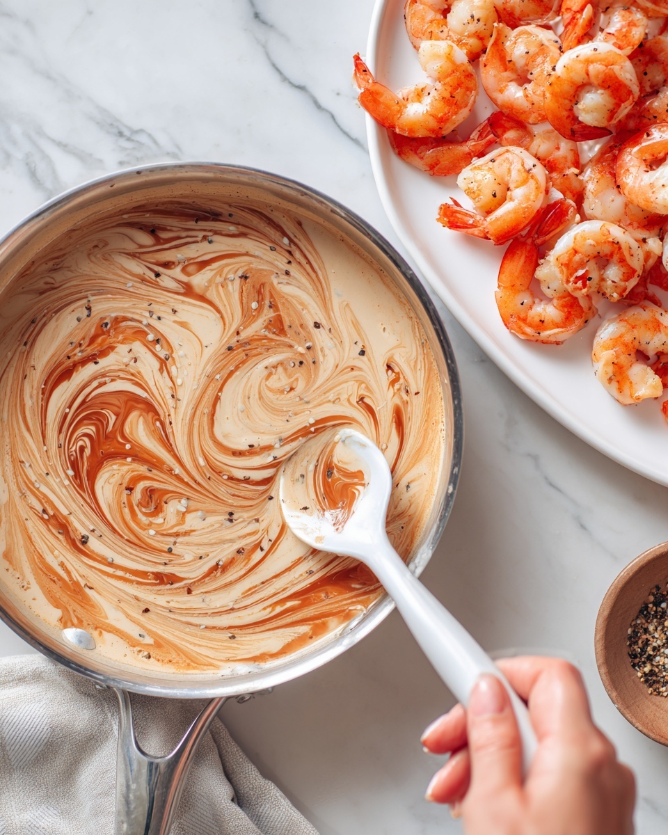 A close-up image shows a silver pan with a creamy liquid being stirred, which has swirls of reddish-brown sauce mixed in, creating a marbled pattern. A woman's hand holds a white spoon, gently stirring the mixture. To the right, there is a white plate filled with orange-colored cooked shrimp with dark specks of seasoning visible. The background features a white marbled texture surface. Photo taken with an iphone --ar 4:5 --v 7