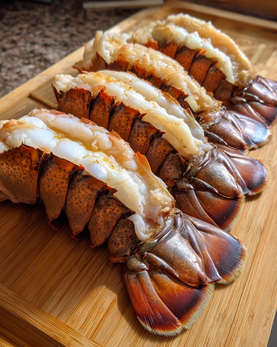 The image shows four large raw lobster tails placed closely on a wooden cutting board. Each tail is partially opened, revealing white flesh with a slight shine and light seasoning on top. The shell is a dark brown color with jagged edges, contrasting with the soft, white meat inside. The wooden board underneath adds a warm, natural texture to the scene. photo taken with an iphone --ar 4:5 --v 7