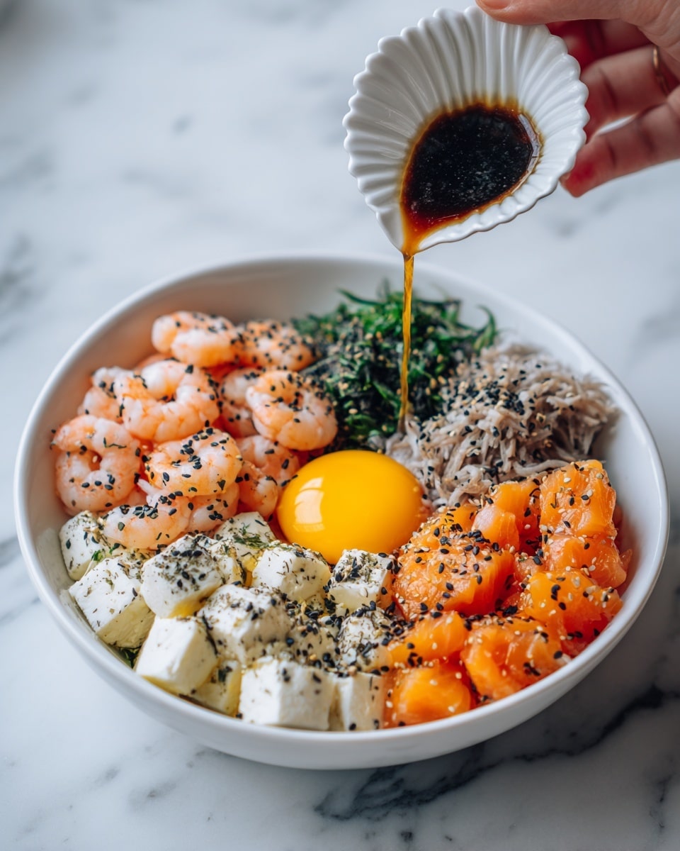 A white bowl with three main layers: on the left is small pink shrimp, on the right is shredded light brown tuna, and in the middle bottom is a bright orange egg yolk sprinkled with black sesame seeds. On top of the shrimp and tuna, there are white tofu or cheese pieces also covered with black sesame seeds. A woman's hand is holding a small white scallop-shaped dish pouring a dark sauce over the bowl. The background is a white marbled surface photo taken with an iphone --ar 4:5 --v 7