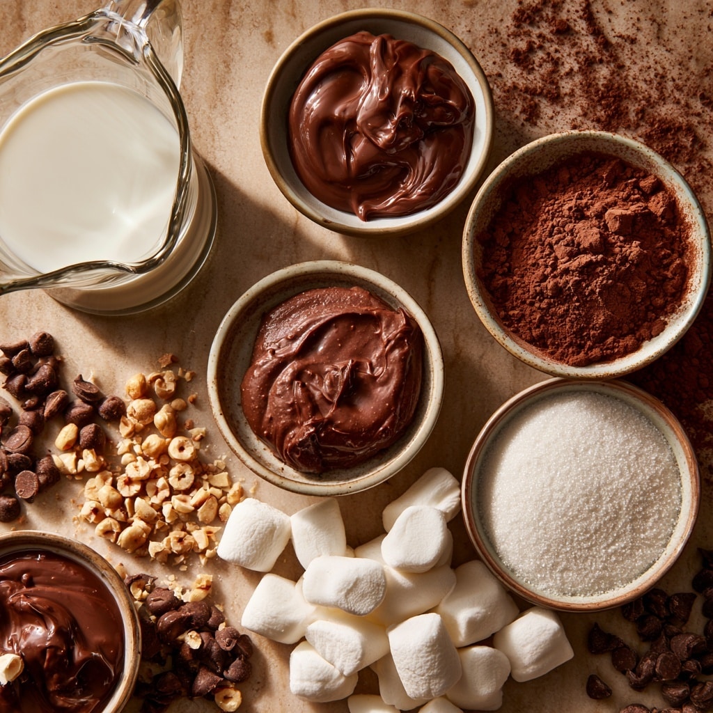 A black pot sits on a stove with steam rising, filled with a light beige creamy liquid as the base layer. On top, there is a mound of dark brown cocoa powder, a small heap of white powder, and a swirl of thick dark brown spread. A metal whisk is partially submerged in the mixture, positioned on the right side of the pot. The background has a white marbled texture. Photo taken with an iphone --ar 4:5 --v 7