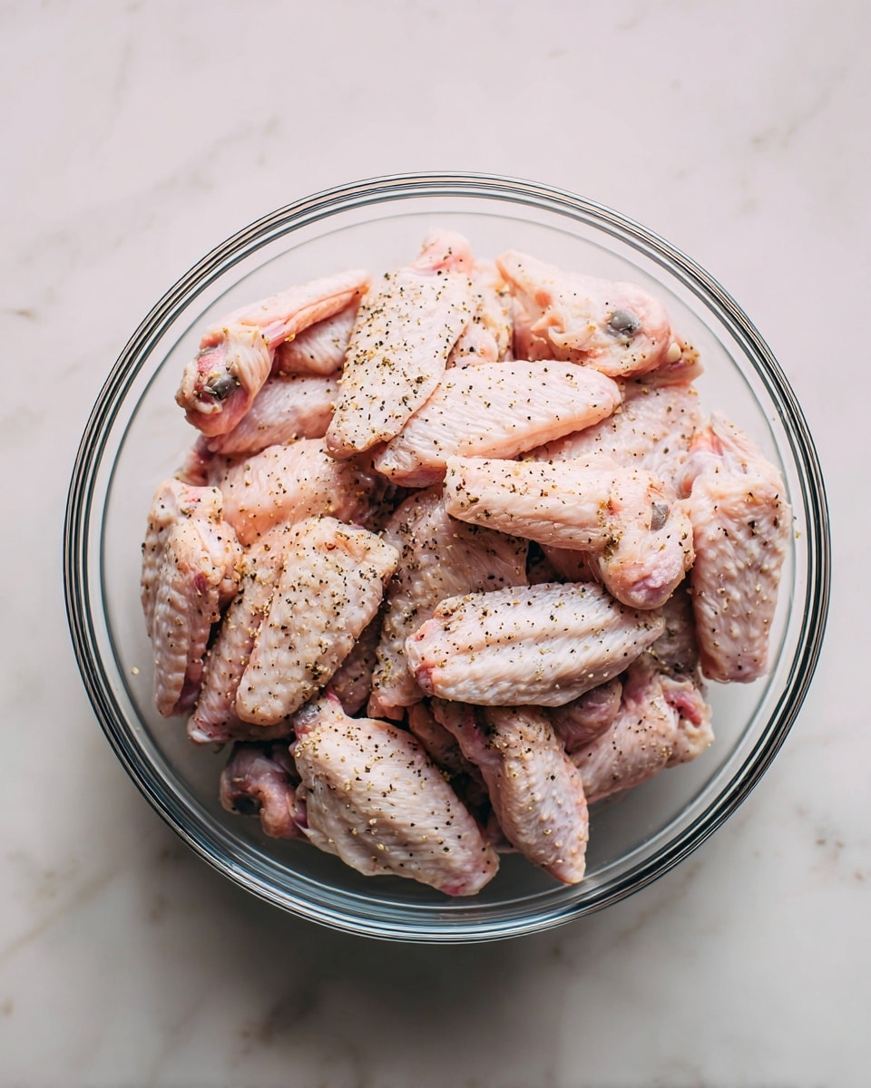 A clear glass bowl filled with many raw chicken wings, layered closely on top of each other. The wings have a pale pink color with some white skin and are sprinkled with coarse black pepper and salt, giving small black and white spots on the surface. The bowl is placed on a white marbled textured surface. photo taken with an iphone --ar 4:5 --v 7