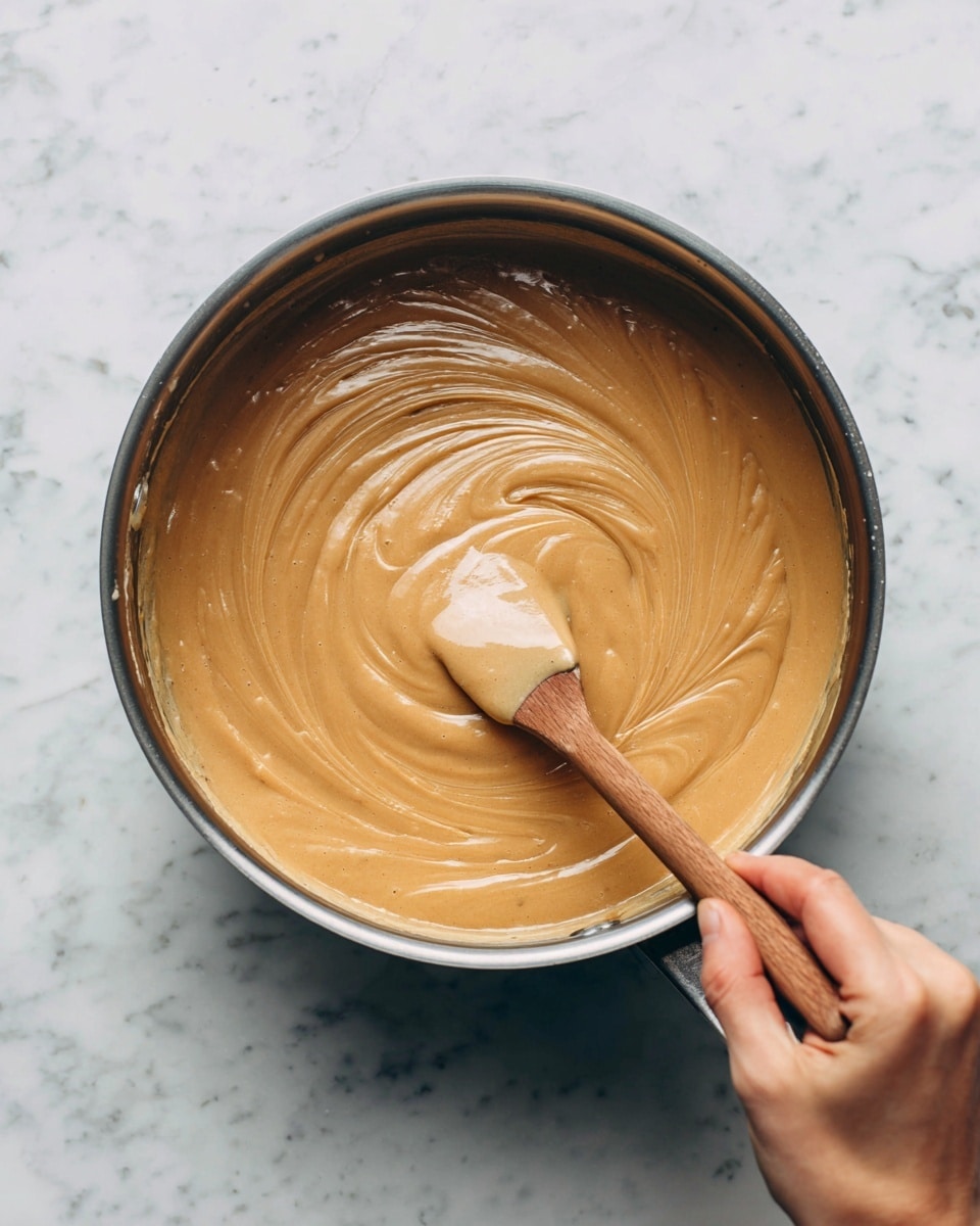 The image shows a close-up top view of a metal pot filled with thick, light caramel-colored sauce being stirred by a woman's hand holding a wooden-handled spatula. The sauce has a smooth, creamy texture with soft swirls on the surface. The background is a white marbled texture. photo taken with an iphone --ar 4:5 --v 7
