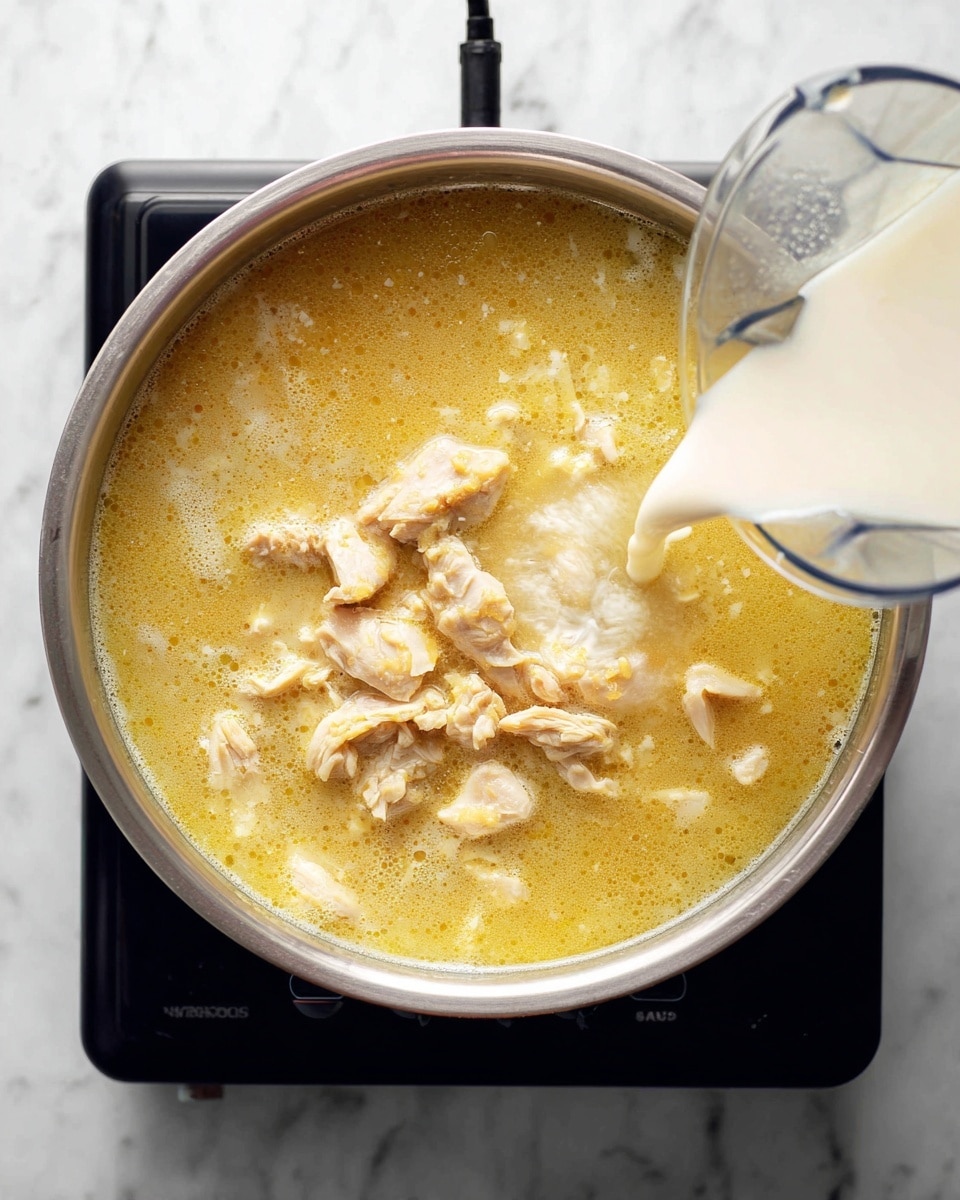 A top view of a round metal pot filled with a yellowish broth and white pieces of soft cooked chicken inside. A blender jar with a white creamy liquid is pouring the liquid into the pot from the right side. The pot is placed on a black electric stove, all on a white marbled surface. The broth has some light bubbles and a smooth texture, while the chicken pieces show a tender, slightly fibrous texture. Photo taken with an iphone --ar 4:5 --v 7