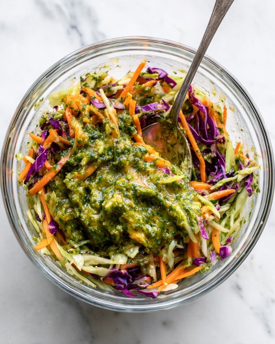 A clear glass bowl filled with a colorful salad sits on a white marbled surface. The salad has thin strips of green cabbage, purple cabbage, and orange carrots mixed together. On top, there is a thick, green sauce with a slightly rough texture spread over the salad. A silver spoon rests inside the bowl, partially covered with the green sauce. The colors of the vegetables contrast well with the vibrant green sauce, making the salad look fresh and healthy. photo taken with an iphone --ar 4:5 --v 7