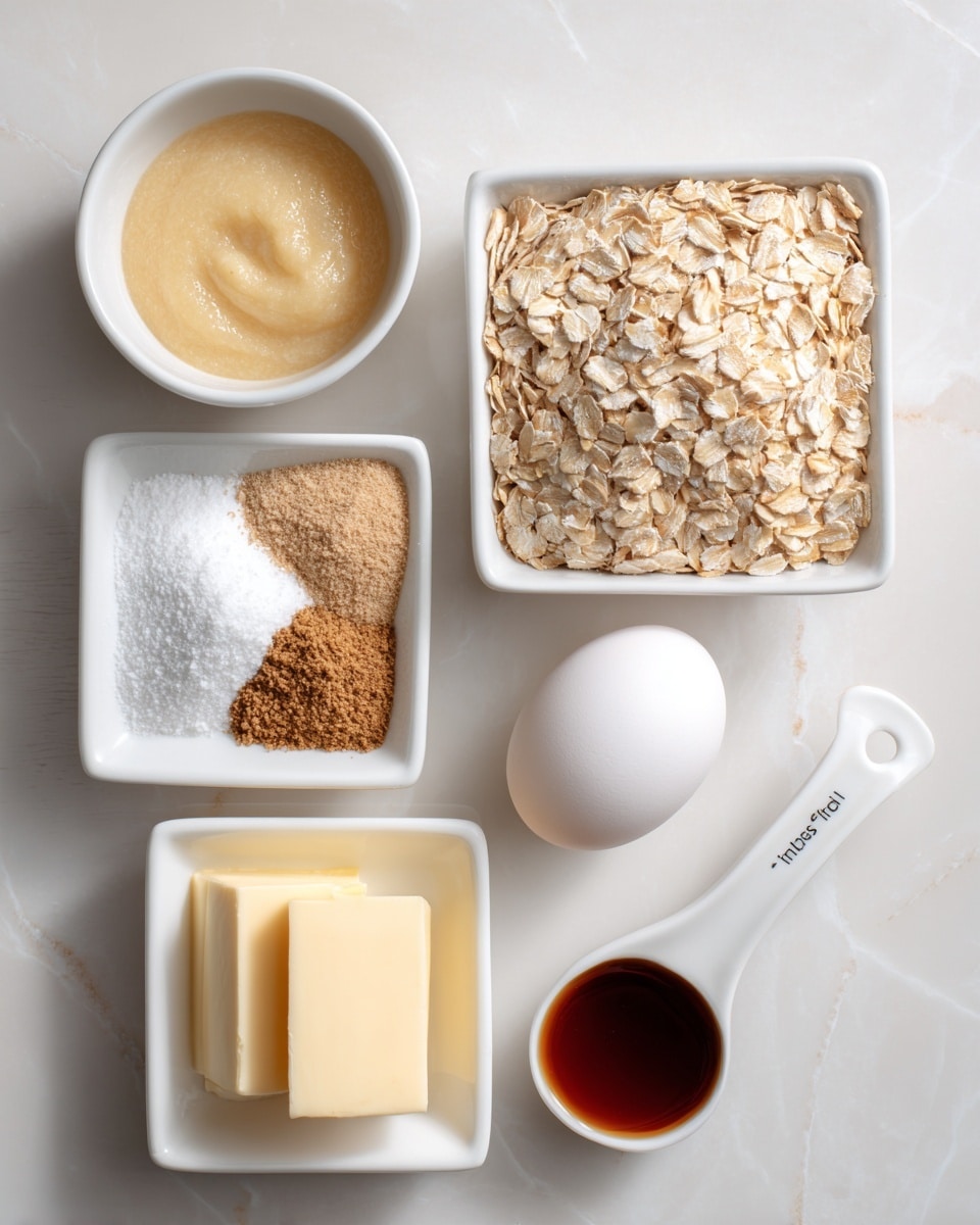The image shows six ingredients placed on a white marbled surface. In the top right is a white bowl filled with light brown rolled oats. To its left, a square white bowl contains a smooth, pale yellow sauce or puree. Below the bowl of oats is another square white bowl divided into three sections with piles of white salt, light brown cinnamon powder, and white baking soda. An egg with a smooth white shell is placed near the center. In the bottom left is a square white bowl with two rectangles of pale yellow butter. At the bottom right is a white measuring spoon filled with a dark brown liquid, marked