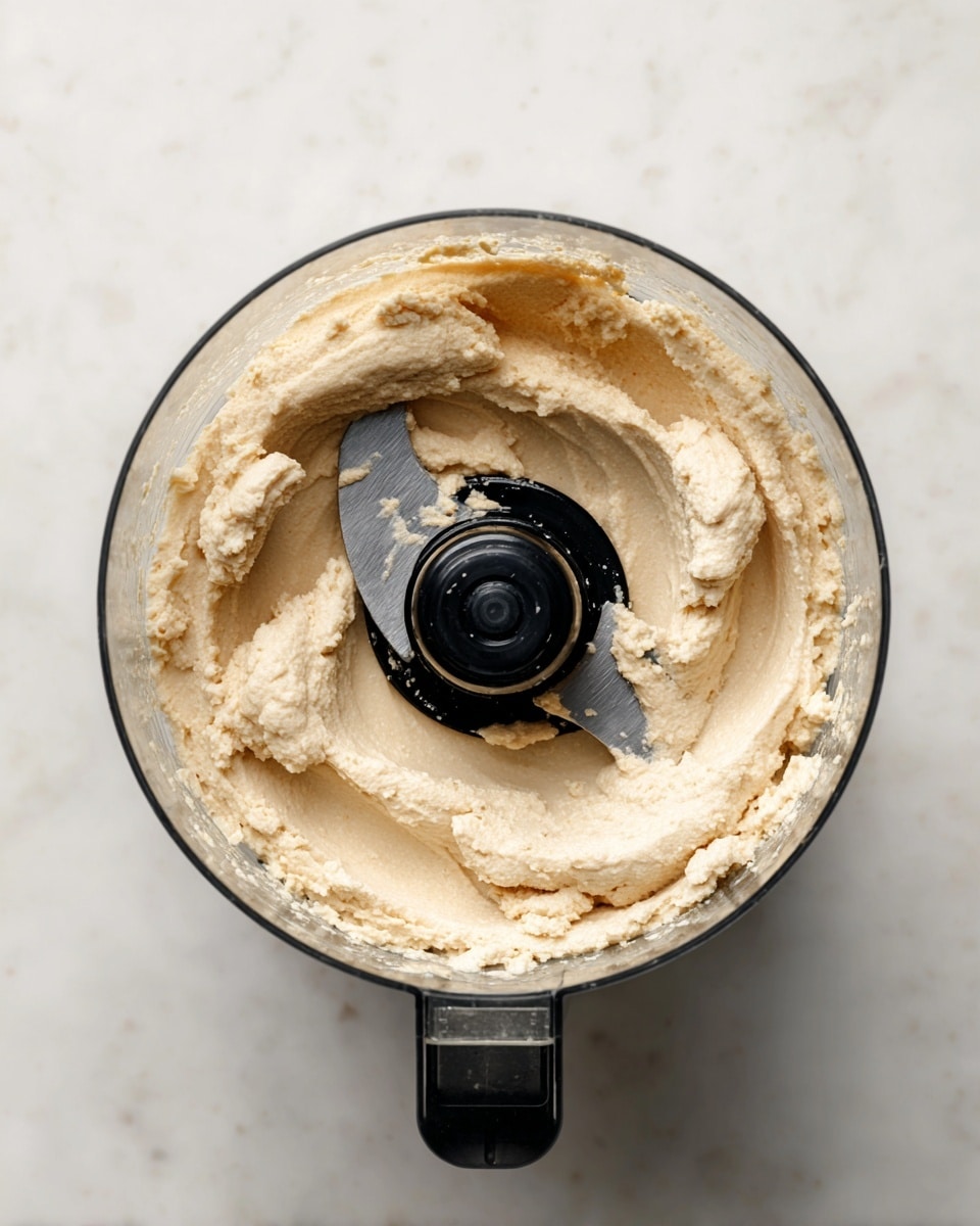 A top-down view of a clear food processor bowl with a black blade in the center filled with a thick, creamy mixture that is light beige in color. The bowl sits on a white marbled surface, and bits of the mixture cling to the sides of the bowl, showing a smooth yet slightly textured consistency. The photo captures the inside of the food processor clearly with soft natural light. Photo taken with an iphone --ar 4:5 --v 7