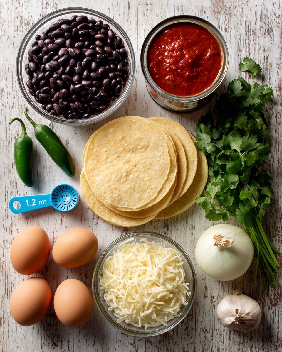 The image shows an arrangement of cooking ingredients on a wooden surface with a white marbled texture. There is a glass bowl filled with dark black beans at the top left, next to a stack of round, pale yellow corn tortillas at the center. To the right, a half-opened can of red tomato sauce sits beside a bunch of bright green cilantro leaves. Below the beans is another glass bowl filled with shredded white cheese, and beside it are three eggs in varying shades of brown. Next to the eggs is a blue and white measuring spoon labeled