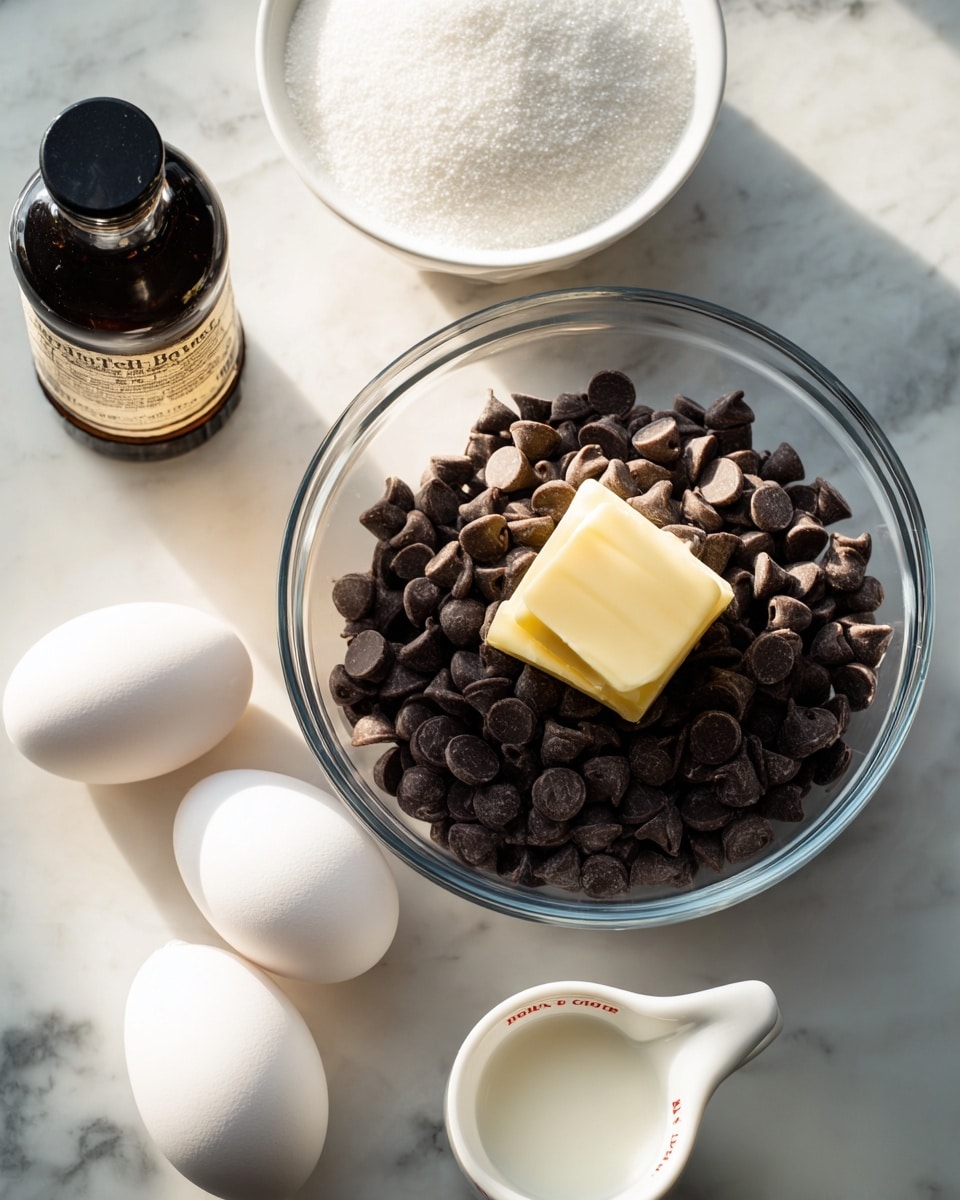 A clear glass bowl is on a white marbled surface, filled with a pile of dark brown chocolate chips topped with a small square of pale yellow butter. To the left of the bowl, two white eggs rest on the surface. Below them is a small bottle of vanilla extract with a dark brown cap and a visible label. To the right of the vanilla, there is a small white bowl filled with white sugar, and in front of it, a white measuring cup containing a bit of white milk. A small empty white bowl is also nearby. The lighting is bright and natural, casting soft shadows. photo taken with an iphone --ar 4:5 --v 7