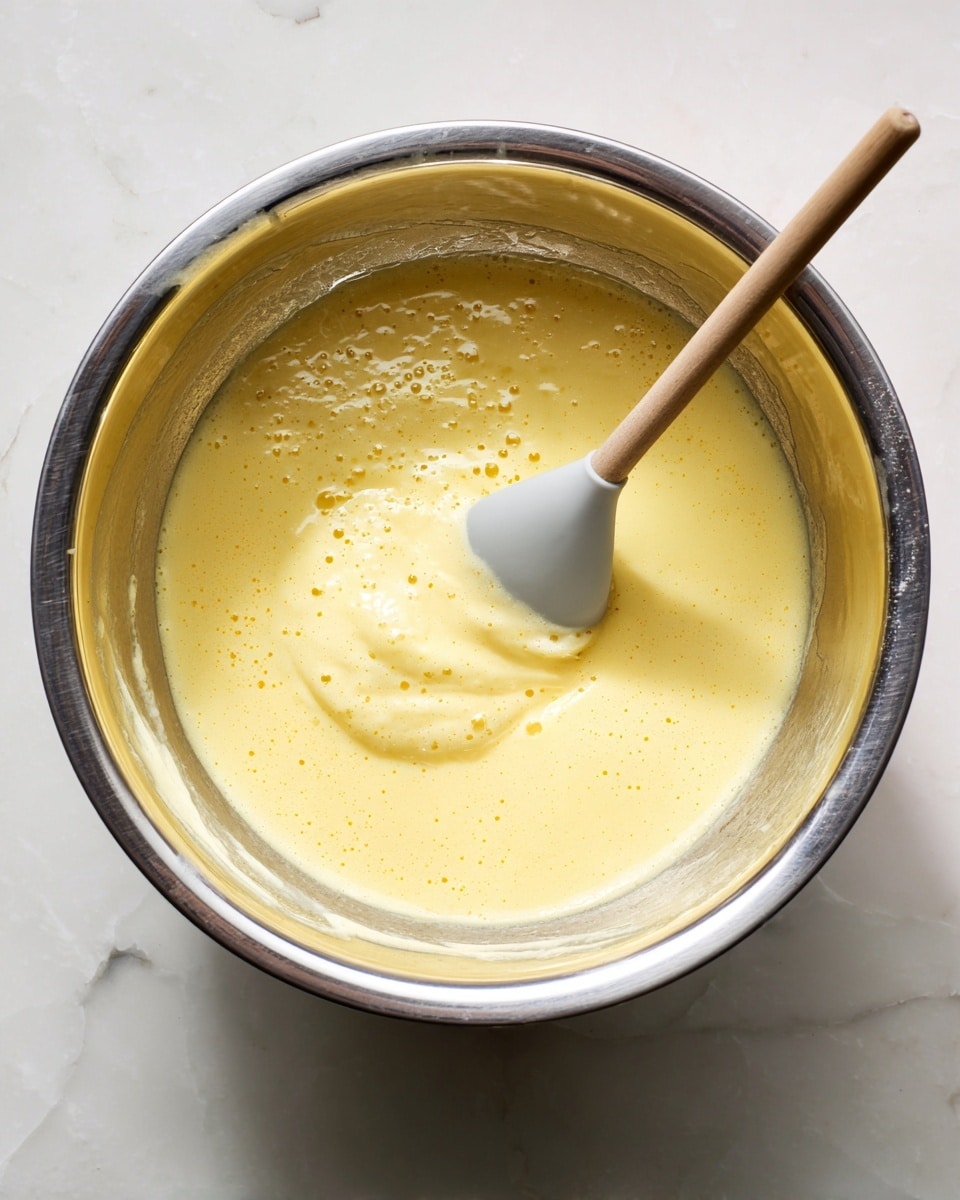 A shiny silver mixing bowl sits on a white marbled surface. Inside, there is a pale yellow, smooth, and creamy liquid batter that fills most of the bowl. A light gray silicone spatula rests in the bowl, partially dipped in the batter. The batter's texture looks soft and slightly frothy on top, with a few small bubbles visible. Photo taken with an iphone --ar 4:5 --v 7