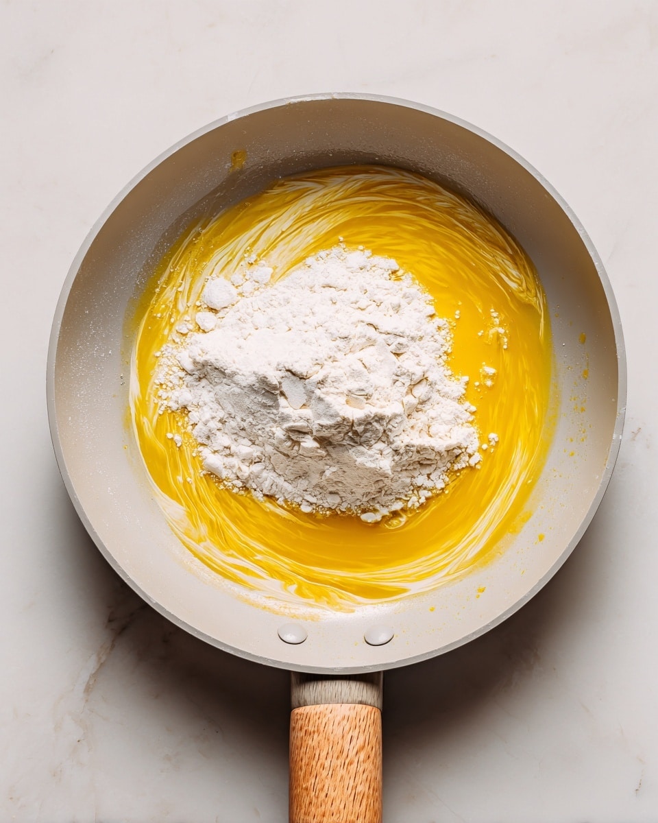 A light grey pan with a wooden handle sits on a white marbled surface. Inside the pan, there is a layer of melted yellow butter swirling around, with a mound of white flour piled in the center. The texture of the butter is smooth and shiny, while the flour is powdery and dry, sitting untouched on top. The overall look shows the moment before the flour is mixed into the butter. photo taken with an iphone --ar 4:5 --v 7