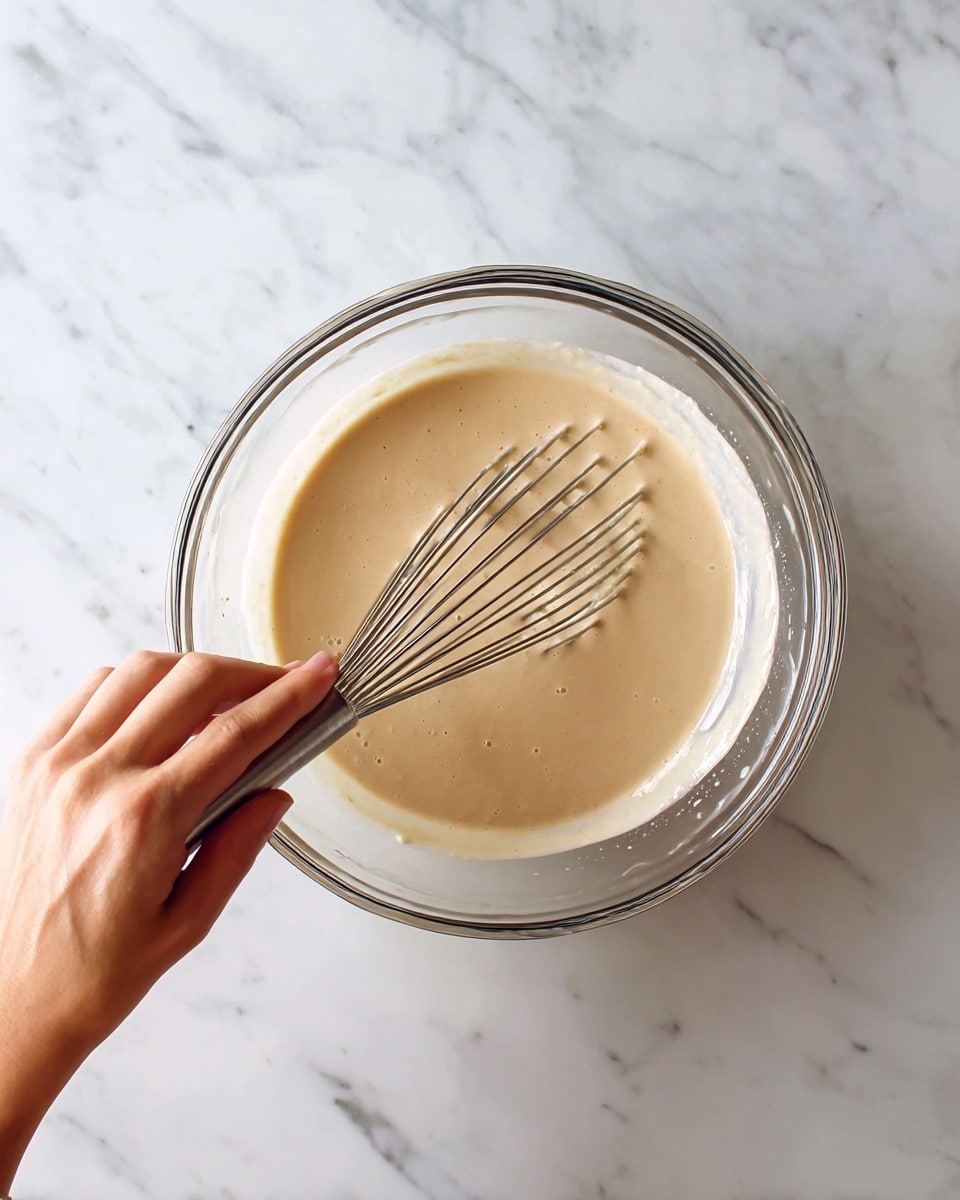 A clear glass bowl filled with a light beige smooth batter, with a metal whisk inside the bowl mixing the batter. A woman's hand holds the whisk handle on the left side of the image. The bowl sits on a white marbled surface. photo taken with an iphone --ar 4:5 --v 7