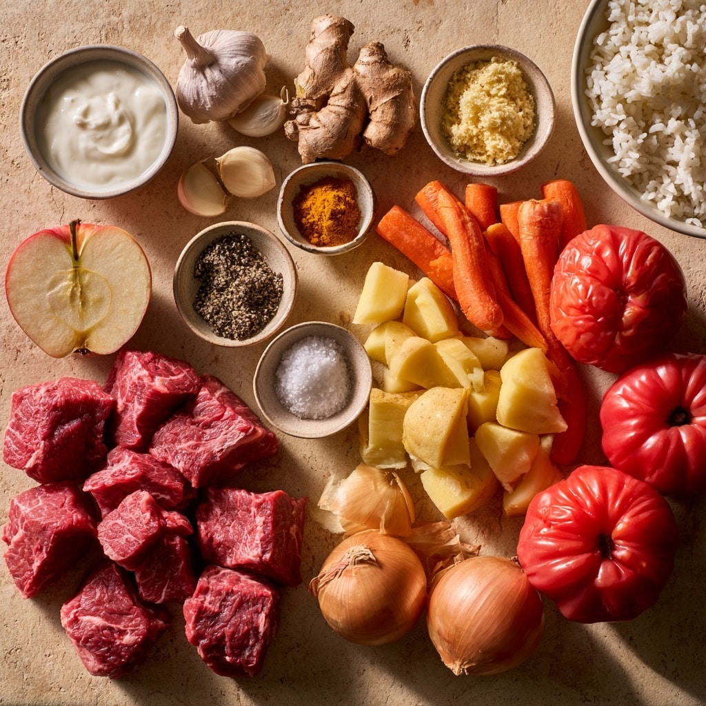 A clear glass bowl sits on a white marbled surface, filled with several layers. The bottom layer consists of uneven chunks of raw red meat placed around the bowl. On top of the meat, there is a bright orange powder, likely a spice, spread in a small pile mostly on one side. Next to the orange powder, there is a heap of thick white sauce or yogurt, topped with a small amount of grated yellow ginger and a light drizzle of golden liquid. Finally, there is a sprinkle of black pepper over the white sauce and some of the meat. The whole arrangement looks fresh and ready for mixing photo taken with an iphone --ar 4:5 --v 7