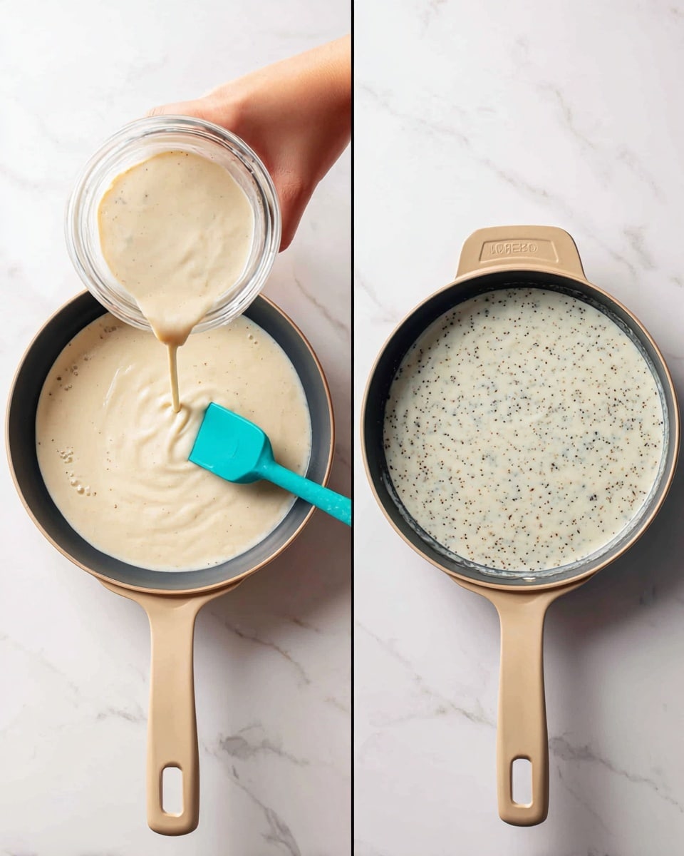 The image shows two views of a black pan with beige handles sitting on a white marbled surface. Inside the pan is a smooth, creamy white sauce with small black specks evenly spread throughout. In the left part of the image, a woman's hand is holding a glass container pouring more of this creamy sauce into the pan, while a turquoise spatula rests inside. The right part of the image shows just the pan filled with the sauce, now smooth and gently bubbling, without any utensils visible. photo taken with an iphone --ar 4:5 --v 7