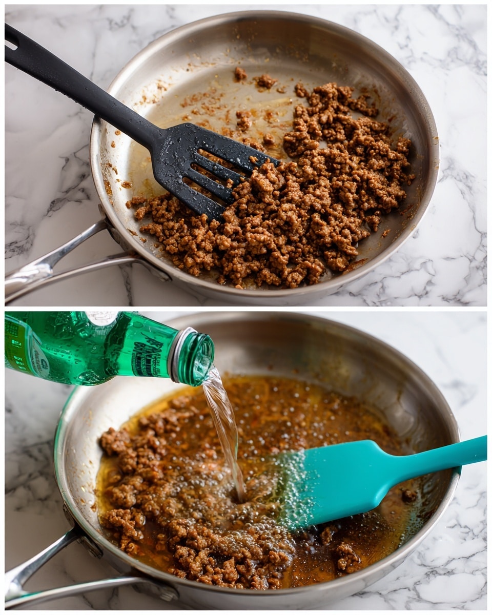 The first image shows cooked ground meat in a silver pan with some brown bits stuck to the bottom. A black slotted spatula is resting inside the pan, scooping the meat on a white marbled surface. The second image shows the same silver pan with browned liquid inside and a turquoise silicone spatula resting on the edge. A green bottle is being poured into the pan, creating bubbles in the liquid. Both images have a white marbled background and the pan's handles are visible. photo taken with an iphone --ar 4:5 --v 7