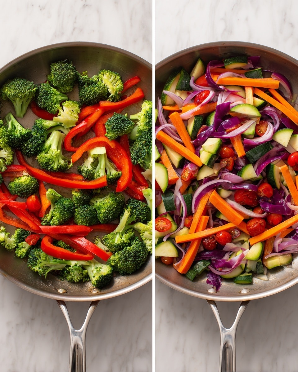 A top view of a metal pan on a white marbled surface showing a mix of fresh vegetables. On the left image, the pan contains bright green broccoli florets in the lower left, thick red bell pepper strips in the upper left, thin orange carrot sticks in the lower right, and thin slices of light purple onion in the upper right. On the right image, the same pan holds the same vegetables, now mixed together with the addition of small red cherry tomatoes and white zucchini pieces, creating a colorful mix of greens, reds, oranges, purples, and whites spread evenly across the pan. photo taken with an iphone --ar 4:5 --v 7