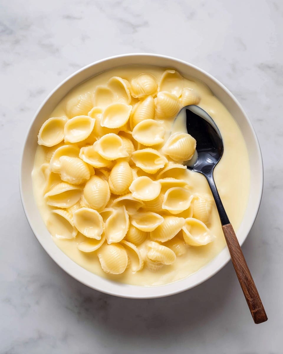 A white bowl filled with three layers: the bottom layer is smooth creamy cheese sauce with a pale yellow color, the middle layer consists of many small, smooth pasta shells spread evenly, and the top layer is creamy cheese sauce covering most pasta shells, making them glisten. A black spoon with a wooden handle is placed on the right side inside the bowl, partially lifting some pasta shells. The bowl sits on a white marbled surface. Photo taken with an iphone --ar 4:5 --v 7