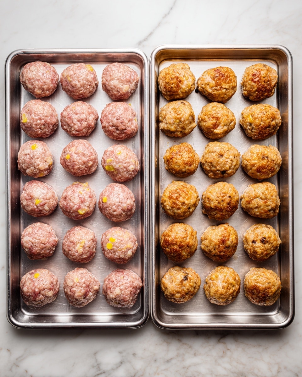 The image shows two large metal trays side by side on a white marbled surface. Each tray holds 30 evenly spaced round balls arranged in six rows and five columns. The left tray has raw meatballs, light pink with small bits of yellow and white visible in the texture. The right tray shows cooked meatballs, golden brown with a slightly rough texture and small bits of yellow and white still visible. Both trays are full, and the meatballs have a consistent shape and size. Photo taken with an iphone --ar 4:5 --v 7