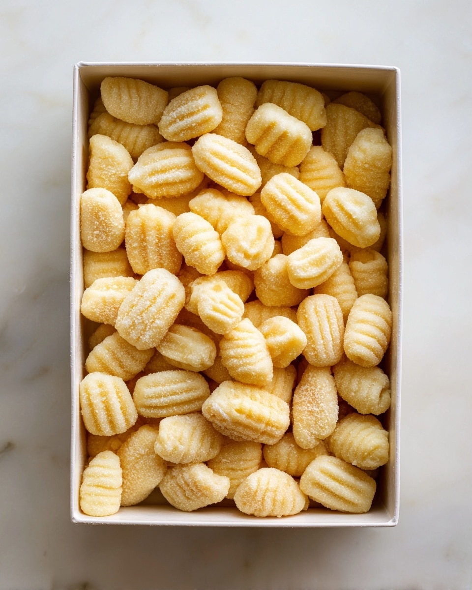 The image shows a white rectangular box filled with many pieces of small, uncooked gnocchi. Each gnocchi piece is light yellow with a soft, slightly bumpy texture and has grooved lines on its surface. The pieces are piled up closely together, filling the box completely. The box sits on a white marbled surface. Photo taken with an iphone --ar 4:5 --v 7