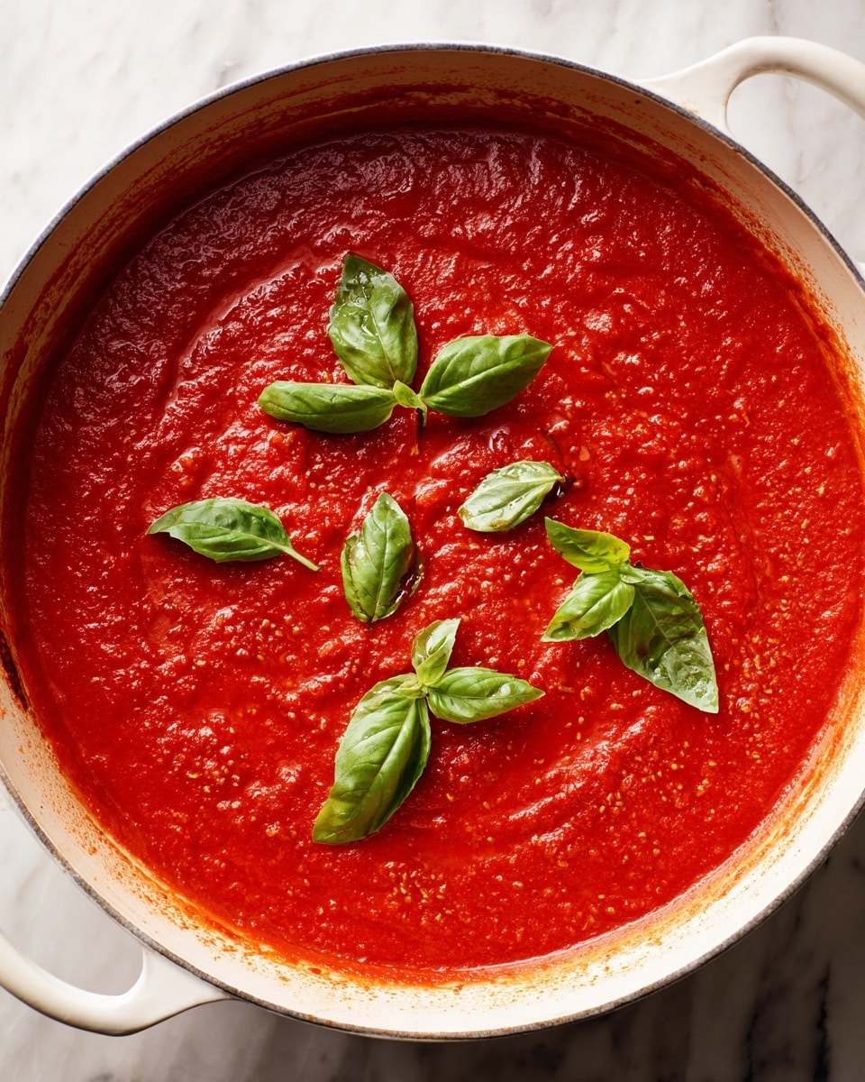 A large white pan filled with bright red tomato sauce, smooth and thick, covering the entire inside surface. Floating on top are several fresh green basil leaves, adding a touch of color contrast. The pan is placed on a stove with a blurred background, and the rim of the pan shows slight splashes of sauce. The overall setting includes a white marbled surface below the stove. photo taken with an iphone --ar 4:5 --v 7