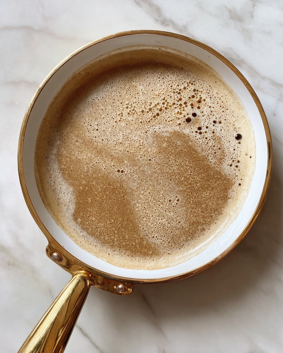 A close-up view of a white pan with a shiny gold handle filled with a clear, light brown liquid. The liquid has small dark specks floating on the surface, creating a slightly textured look. The pan sits on a white marbled surface. Photo taken with an iphone --ar 4:5 --v 7