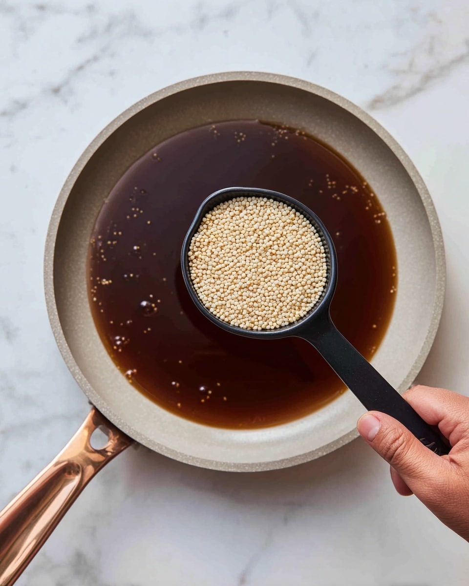 A close-up view of a light grey pan with a bronze handle on the right side, filled halfway with clear brown liquid, held over a white marbled surface. A woman's hand holds a black measuring cup filled with small, round, pale yellow grains above the liquid, ready to pour them in. The pan's smooth surface reflects some light, showing a few tiny dark specks inside the liquid. photo taken with an iphone --ar 4:5 --v 7