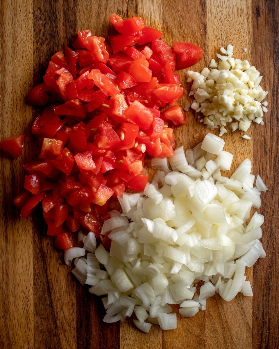 The image shows a wooden cutting board with three separate piles of chopped ingredients arranged horizontally. On the left is a pile of bright red chopped tomatoes, cut into small pieces with smooth, shiny surfaces. In the middle, there is a small pile of finely chopped white garlic, with small, uneven pieces. On the right side, there is a larger pile of chopped white onions, cut into small, consistent pieces with slightly translucent edges. The wooden board has a warm tone with a visible grain pattern. photo taken with an iphone --ar 4:5 --v 7