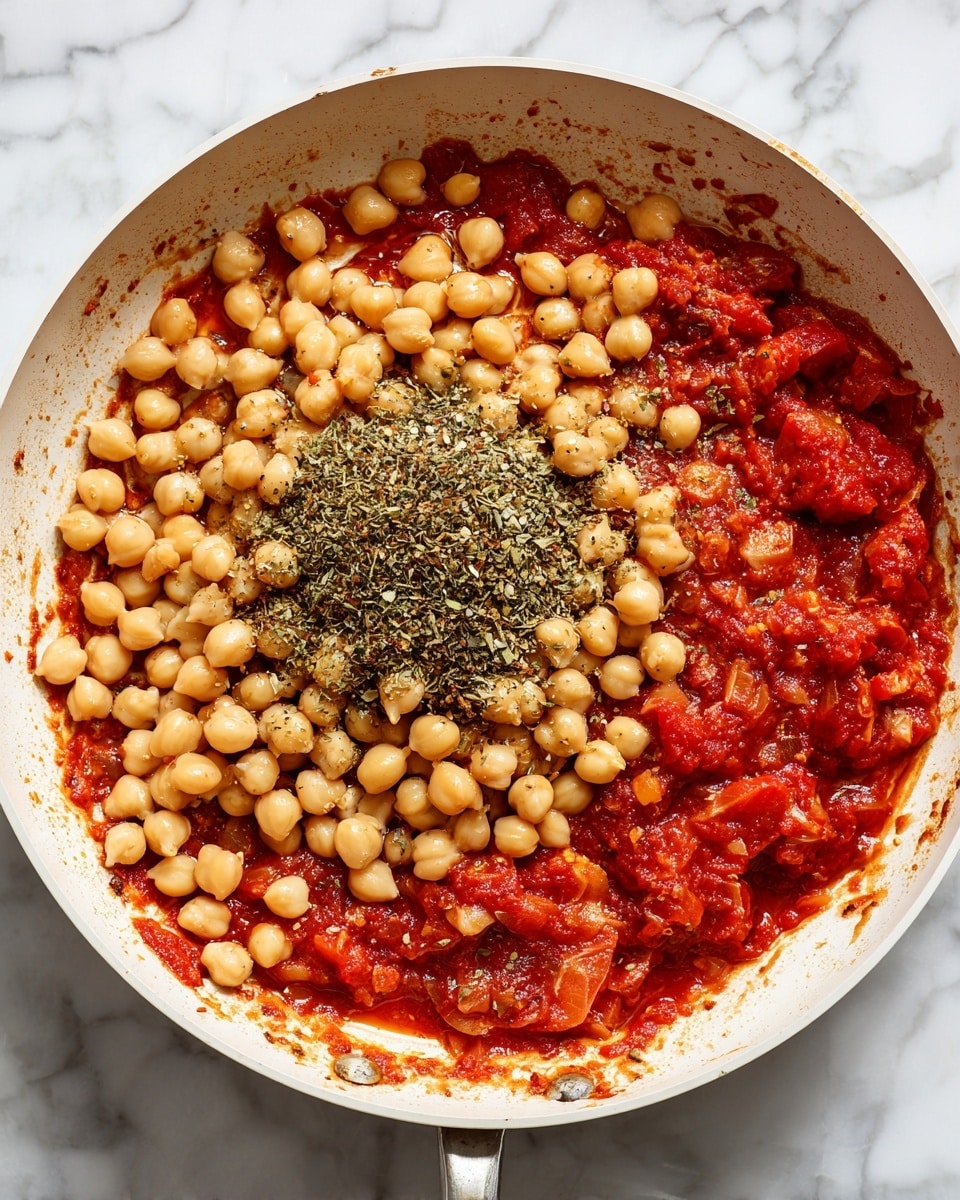 A white pan filled with three visible layers: the bottom layer is a red sauce with chunks of cooked tomatoes, the middle layer is a thick group of light beige chickpeas covering most of the surface, and the top layer has a small pile of dried green and black spices placed in the center of the chickpeas. The pan sits on a white marbled surface. Photo taken with an iphone --ar 4:5 --v 7