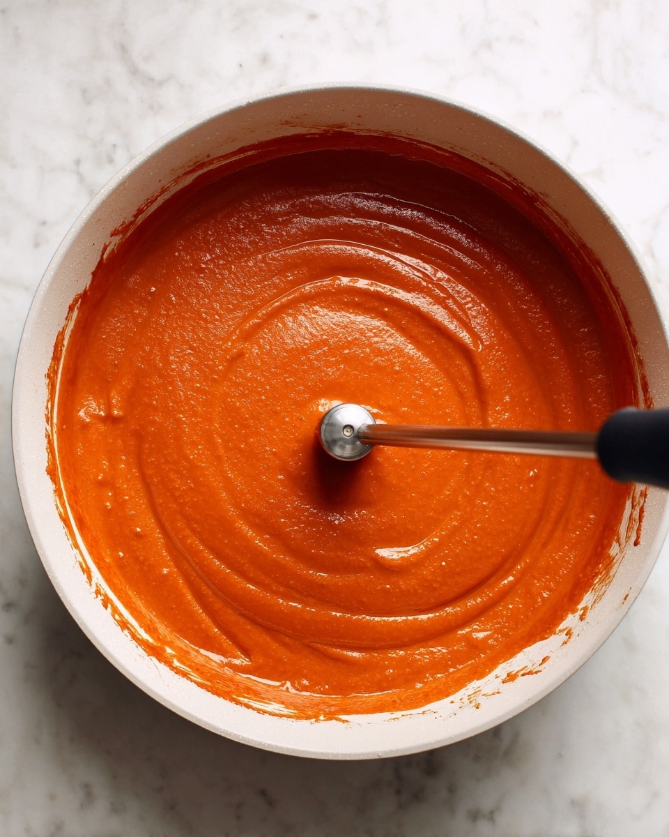 A large white pan filled with smooth, bright orange-red sauce being blended by a hand blender in the center. The sauce has a thick and creamy texture with slight swirls from blending. The white pan edges have some sauce splashes, adding a bit of roughness to the scene. The background surface is a white marbled texture. photo taken with an iphone --ar 4:5 --v 7