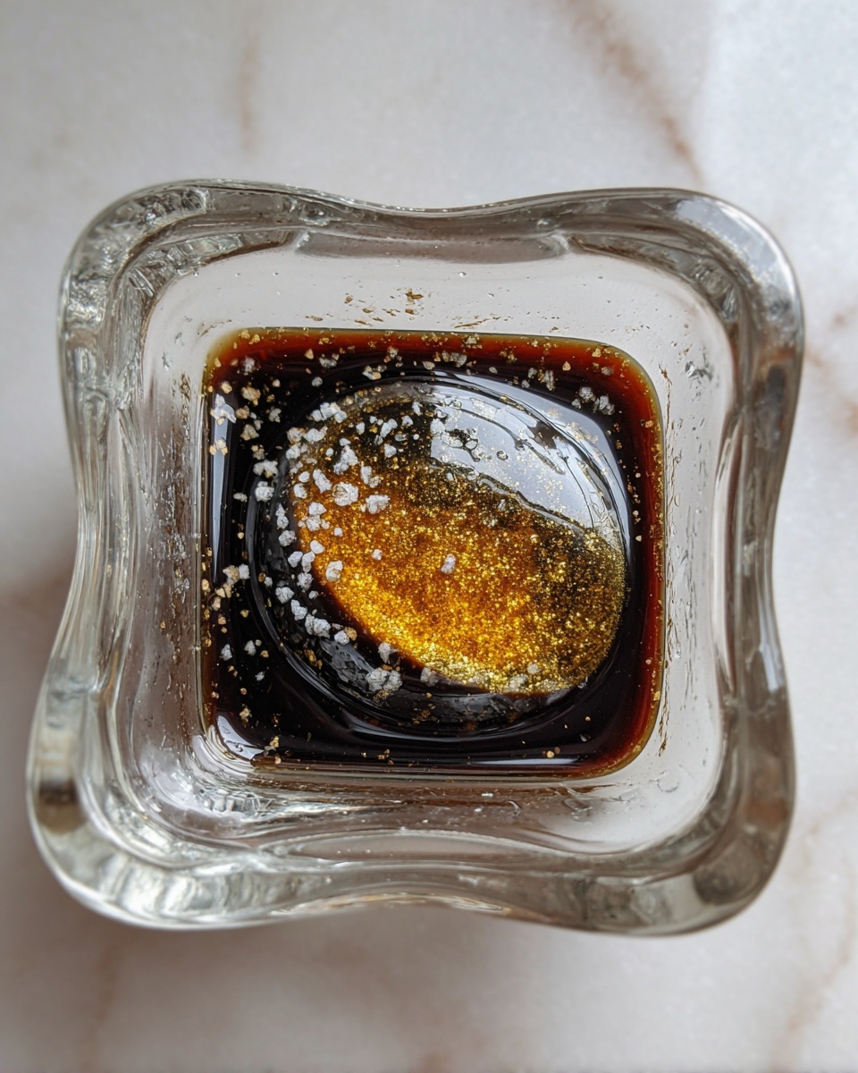 A close-up top view of a clear glass square container holding a dark brown liquid mix with a shiny orange-yellow dollop floating on top, sprinkled with tiny white granules and fine black specks. The container is placed on a white marbled surface. photo taken with an iphone --ar 4:5 --v 7