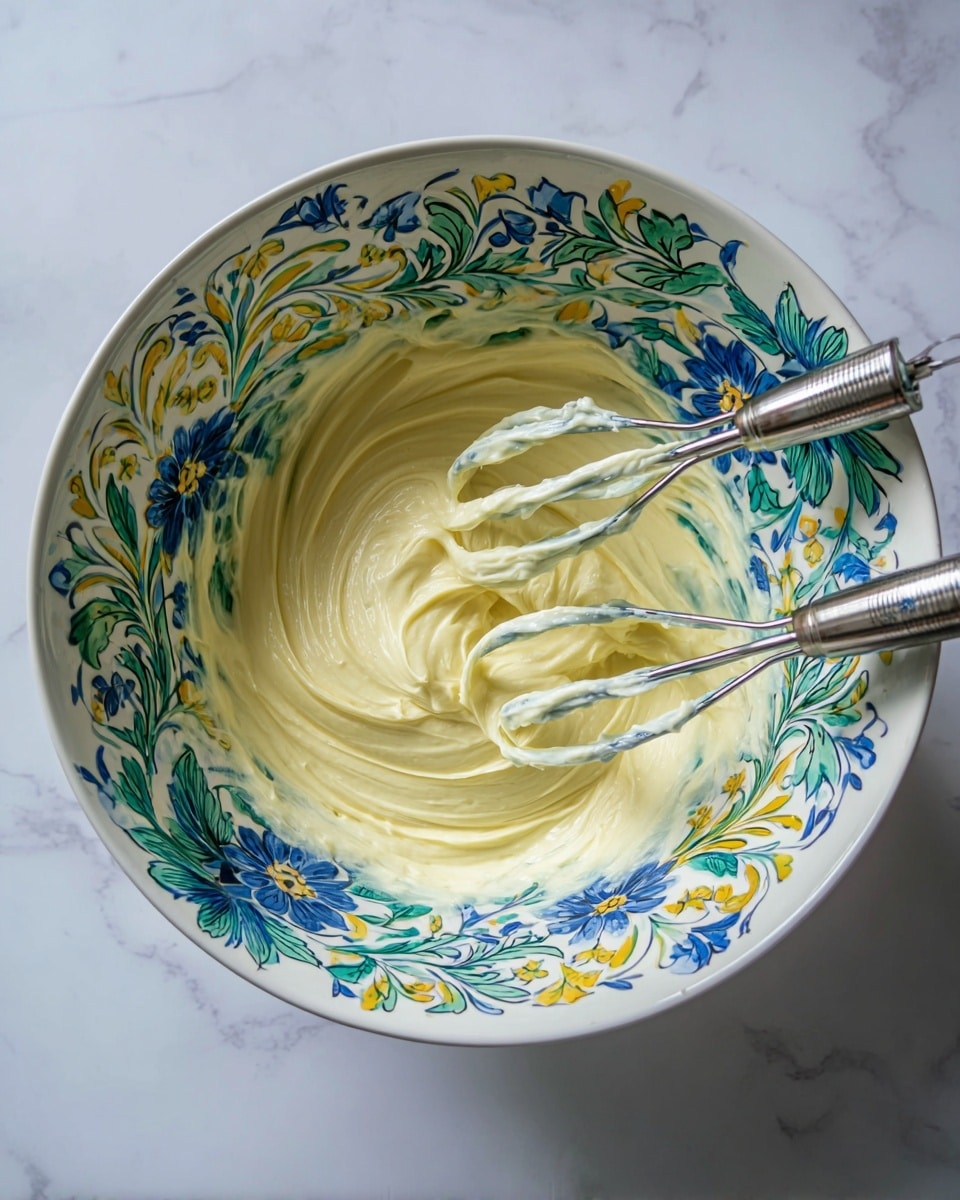 A large white bowl with colorful yellow, green, and blue patterns on the sides is filled with thick, creamy light yellow mixture that has a smooth, swirled texture. Two metal electric mixer beaters covered in the creamy mixture rest on the right side inside the bowl. The bowl is set on a white marbled surface. photo taken with an iphone --ar 4:5 --v 7