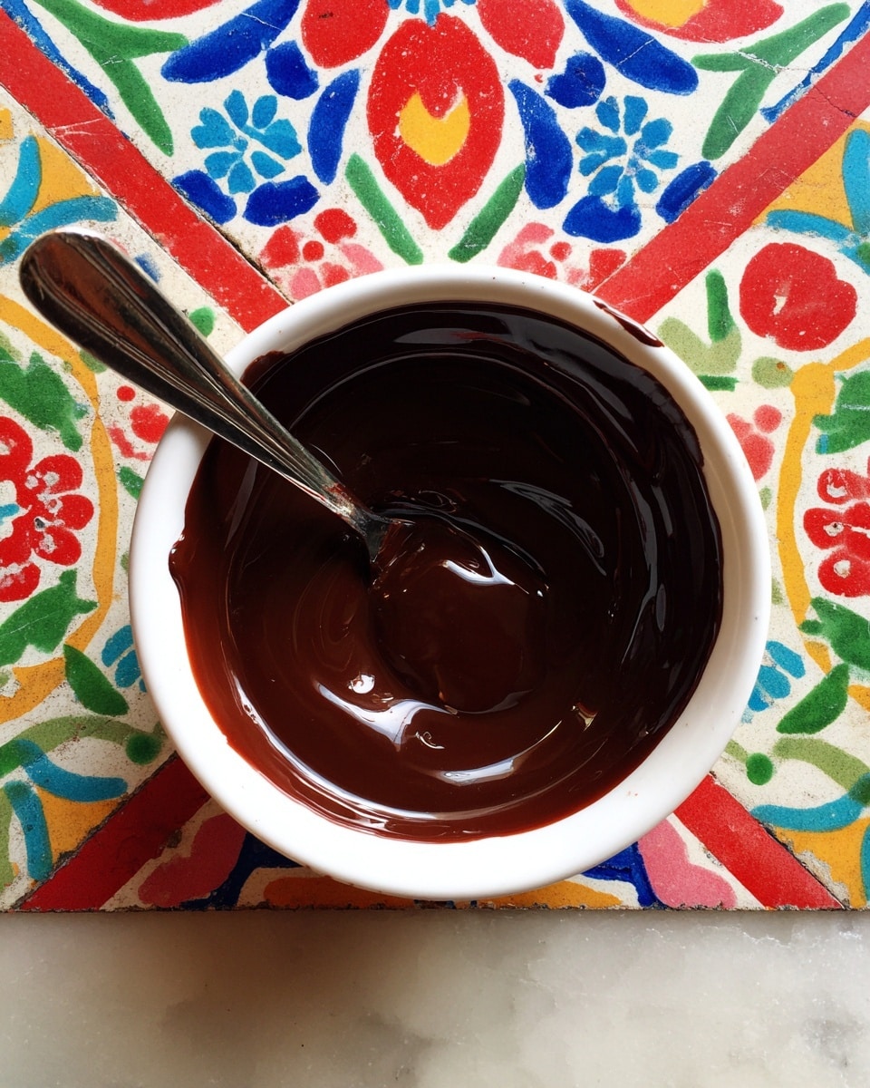 A white bowl filled with smooth, shiny dark brown melted chocolate, with a silver spoon resting inside the bowl, coated in the melted chocolate. The bowl is placed on a small, colorful tile with bright red, blue, green, and yellow floral patterns. The surface around is white marbled texture. photo taken with an iphone --ar 4:5 --v 7