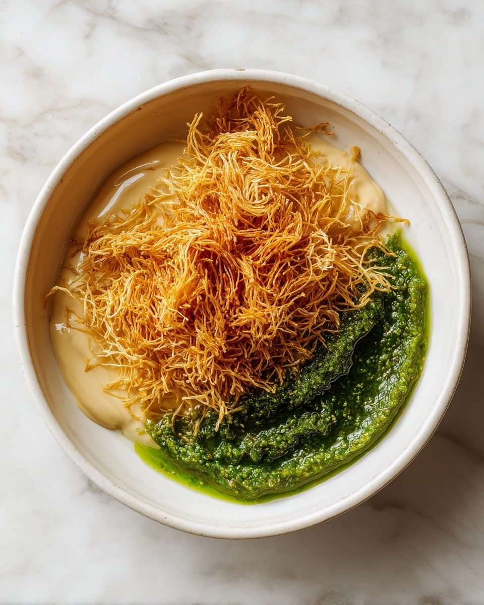 A white bowl sits on a white marbled surface filled with a dish that has three distinct parts: a base layer of thin, shredded, crispy strands that are golden brown and cover most of the bowl; on one side, a smooth, creamy light beige sauce spreads partially over the crispy layer; next to it, a thick, glossy green paste with a slightly twisted texture adds a rich color contrast to the dish. photo taken with an iphone --ar 4:5 --v 7