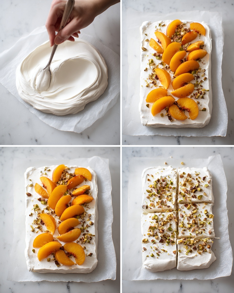 This series shows the making of a layered dessert starting with a base of smooth, thick white cream spread on white parchment paper resting on a white marbled surface. A woman's hand is spooning the cream in the first image, creating a round shape. In the second image, the cream is spread evenly into a rectangle with soft, wavy texture edges. The third image shows the creamy base topped with several bright orange roasted peach slices arranged randomly and scattered with chopped nuts, adding a crunchy texture. The fourth image presents the finished dessert broken into irregular pieces, revealing the crisp white cream layers adorned with the orange peach slices and greenish-brown chunky nuts on top, all laid on the parchment with the white marbled surface below. Photo taken with an iphone --ar 4:5 --v 7