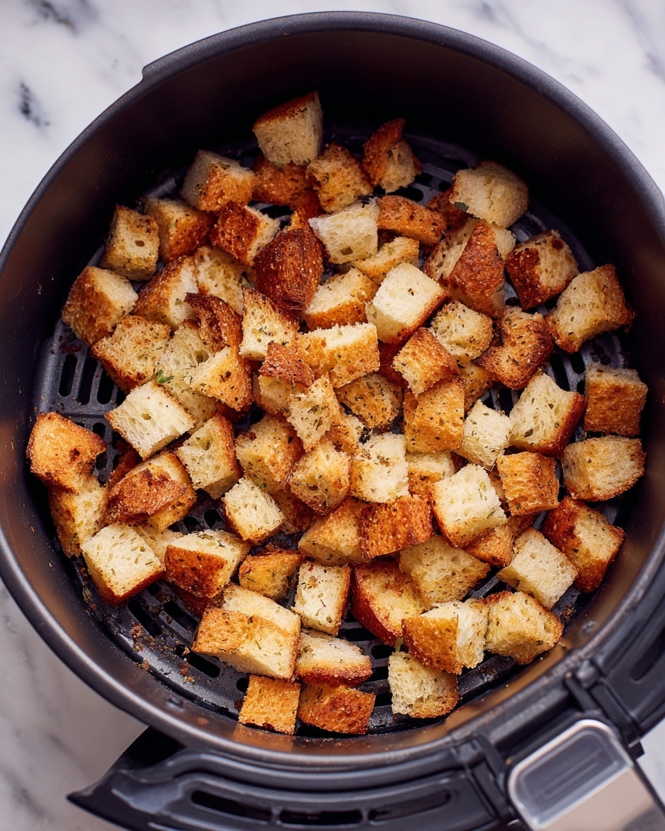 The image shows a round black air fryer basket filled with small golden brown croutons. The croutons are cut into uneven cubes, showing a mix of lighter and darker toasted colors. The air fryer basket has ridges and holes at the bottom with some crumbs scattered around. The background surface is a white marbled texture. photo taken with an iphone --ar 4:5 --v 7