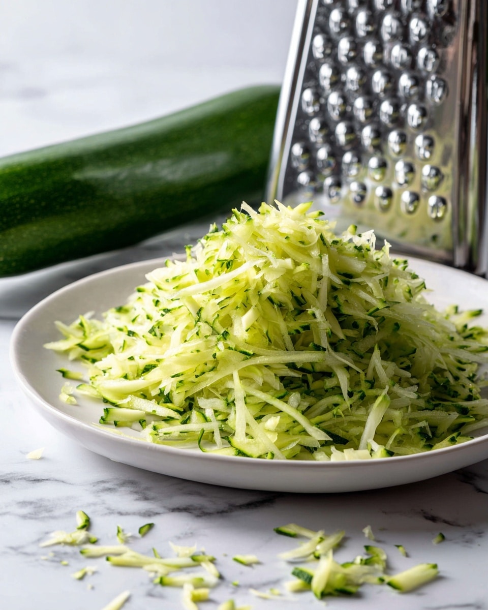 A white plate sits on a white marbled surface with a heap of freshly shredded light green zucchini filling the plate. In the foreground, a dark green zucchini is being shredded against a shiny metal grater, small pieces and thin strips of zucchini clinging to the grater's holes and scattered lightly on the plate. The scene focuses on the texture of the shredded zucchini showing thin, uneven strands with some darker green skin visible. photo taken with an iphone --ar 4:5 --v 7