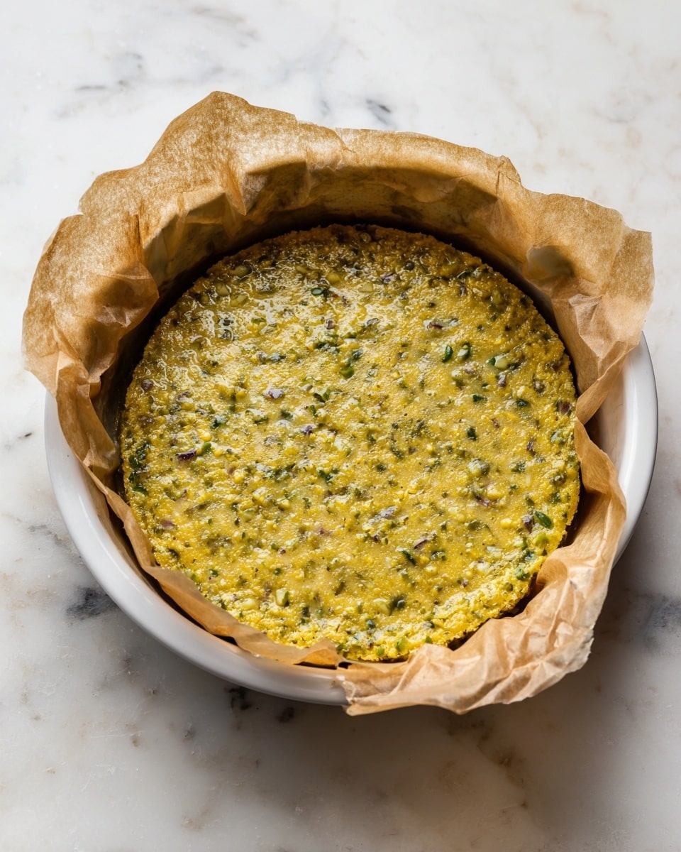 A white round dish lined with brown parchment paper holds a single thick, flat layer of a yellowish-green mixture. The mixture has small bits of green and white scattered throughout, giving it a rough and uneven texture. It fills the dish evenly, with some parts close to the edges of the parchment paper, resting on a white marbled surface. photo taken with an iphone --ar 4:5 --v 7