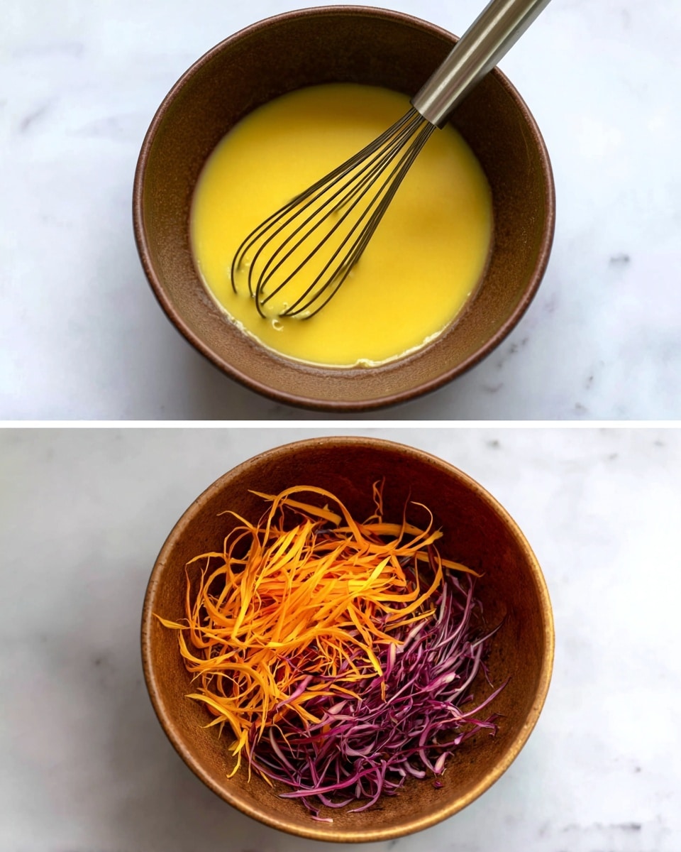A brown bowl filled with a smooth, yellow liquid mixture with a silver whisk resting inside, positioned on a white marbled surface in the first image; in the second image, the same brown bowl is filled with thin, curled vegetable ribbons of bright orange and pale purple, placed on the same white marbled surface. photo taken with an iphone --ar 4:5 --v 7