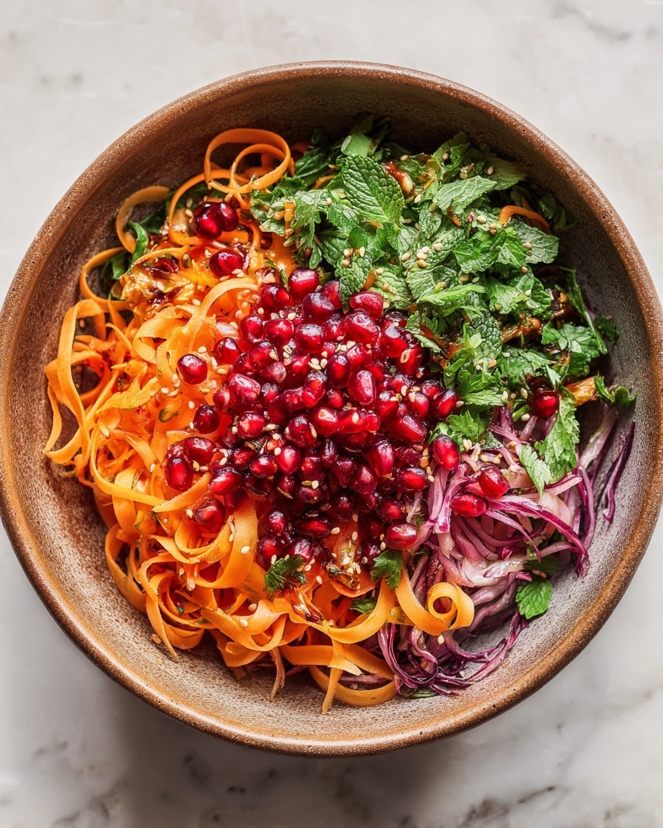 A bowl with multiple salad layers sits on a white marbled surface. At the bottom, there are thin, curled orange carrot ribbons mixed with light purple-red thinly sliced vegetables. On top of this base, there is a thick layer of bright red pomegranate seeds clustered in one section. Around these seeds, fresh, vibrant green chopped mint leaves are placed on one side and a pile of chopped cilantro leaves on the other side. Scattered lightly over these ingredients are small, light brown sesame seeds, adding texture. The bowl is rustic brown pottery, round with a subtle notch on one side, and the photo is taken from above. photo taken with an iphone --ar 4:5 --v 7