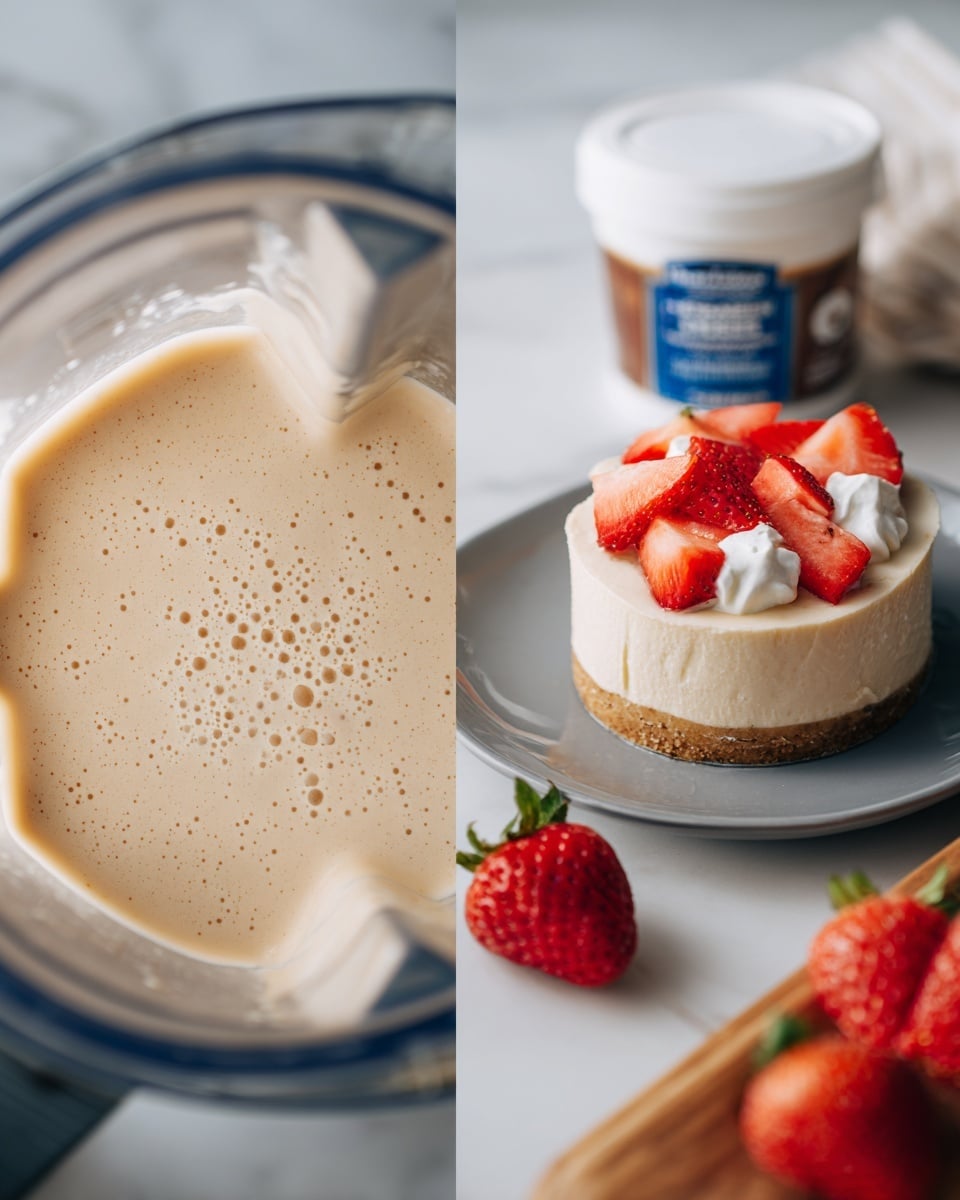 The image shows two scenes side by side: on the left is a close-up of a blender with a thick, creamy, light beige mixture inside, with small bubbles and a slightly smooth texture; on the right is a white tub of dairy-free cream cheese with blue and brown labeling, placed on a white marbled surface. In front of the tub is a gray plate holding a small cheesecake topped with sliced red strawberries and dollops of white cream, with a layer of light brown crust visible at the bottom. A bright red strawberry is placed next to the plate, and a wooden tray with other strawberries is blurred in the front. photo taken with an iphone --ar 4:5 --v 7