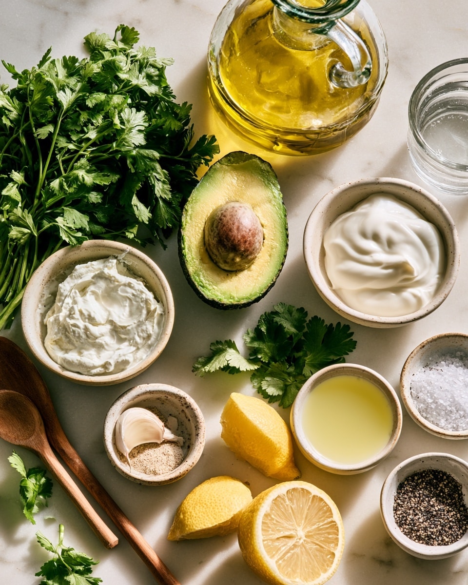 The first image shows a top view inside a blender jar containing whole green leaves and chunks of avocado, with a sprinkle of pale beige powder on top, all sitting on a white marbled surface. The second image shows the same blender jar from above, now filled with a smooth, creamy light green sauce with some soft texture details on the surface, also placed on a white marbled surface. Photo taken with an iphone --ar 4:5 --v 7