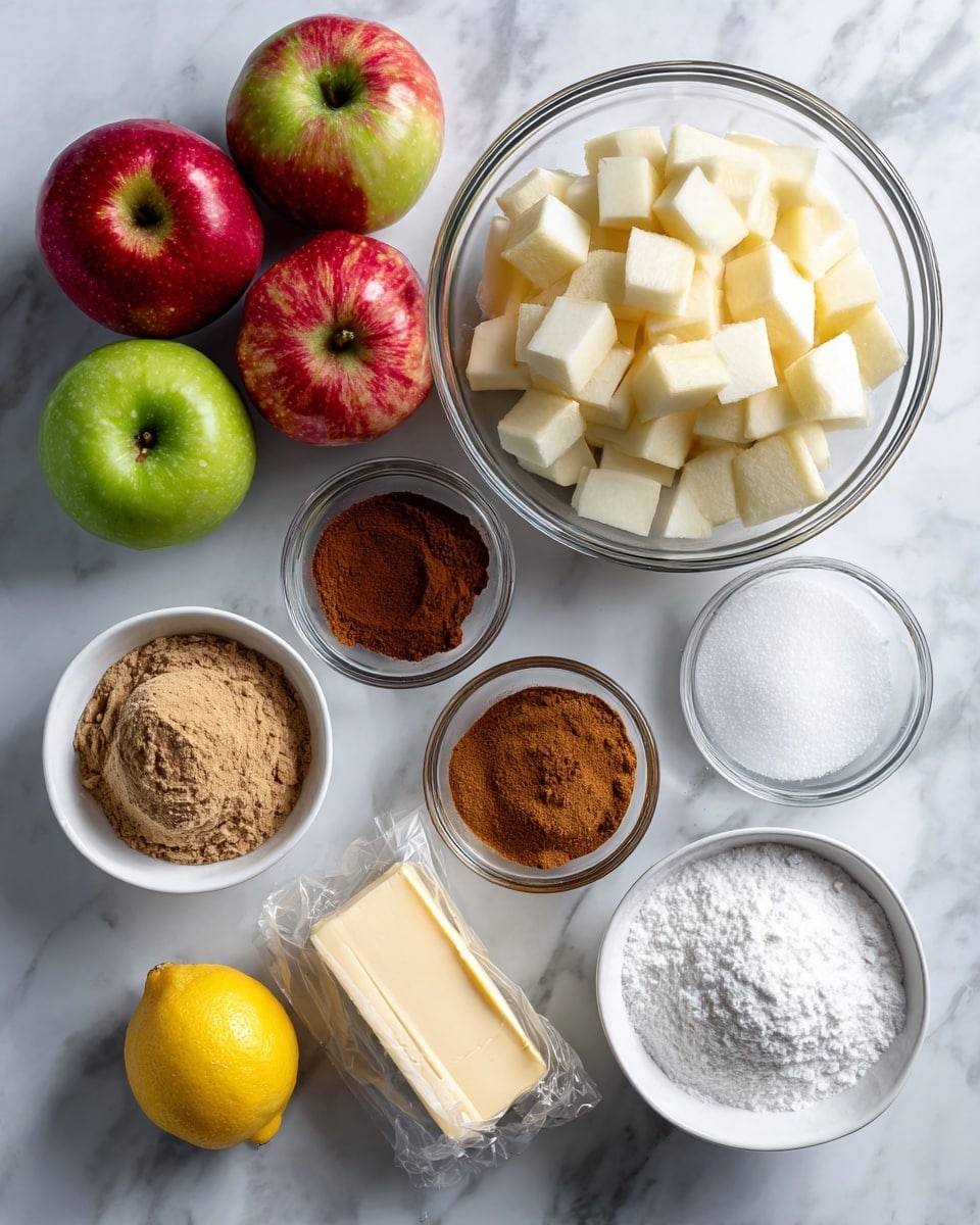 The image shows ingredients arranged on a white marbled surface for making an apple dessert. There are three whole red and green apples at the top left. In the center is a glass bowl full of small white apple cubes. Around it are small clear bowls with brown cinnamon powder, white flour, and darker cinnamon powder in the lower left. A white bowl with light brown sugar sits at the bottom left. A halved lemon is placed near the center bottom. To the right of the apples is a stick of butter in its paper wrapper, and a white bowl with white granulated sugar is at the bottom right. The colors include reds, whites, browns, and yellows with a rustic wooden background effect changed to white marble. photo taken with an iphone --ar 4:5 --v 7
