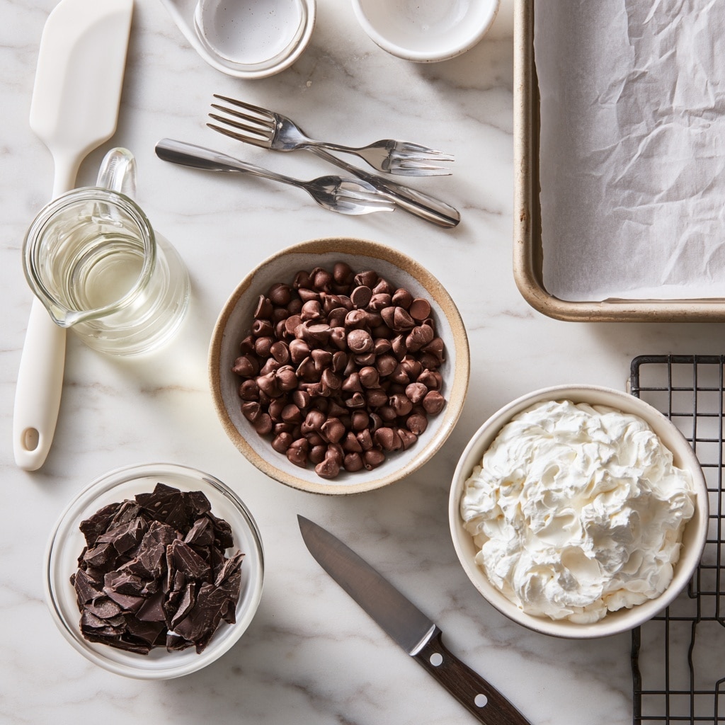 The image shows two side-by-side views of a chocolate dessert in a white rectangular baking dish on a white marbled surface. On the left side, thick chocolate batter with a smooth but slightly textured surface fills the dish, spread evenly with some visible swirls and peaks. On the right side, the same chocolate dessert has been cut into small squares, with neat, straight lines forming a grid pattern across the top, revealing a dense and moist texture inside. Photo taken with an iphone --ar 4:5 --v 7