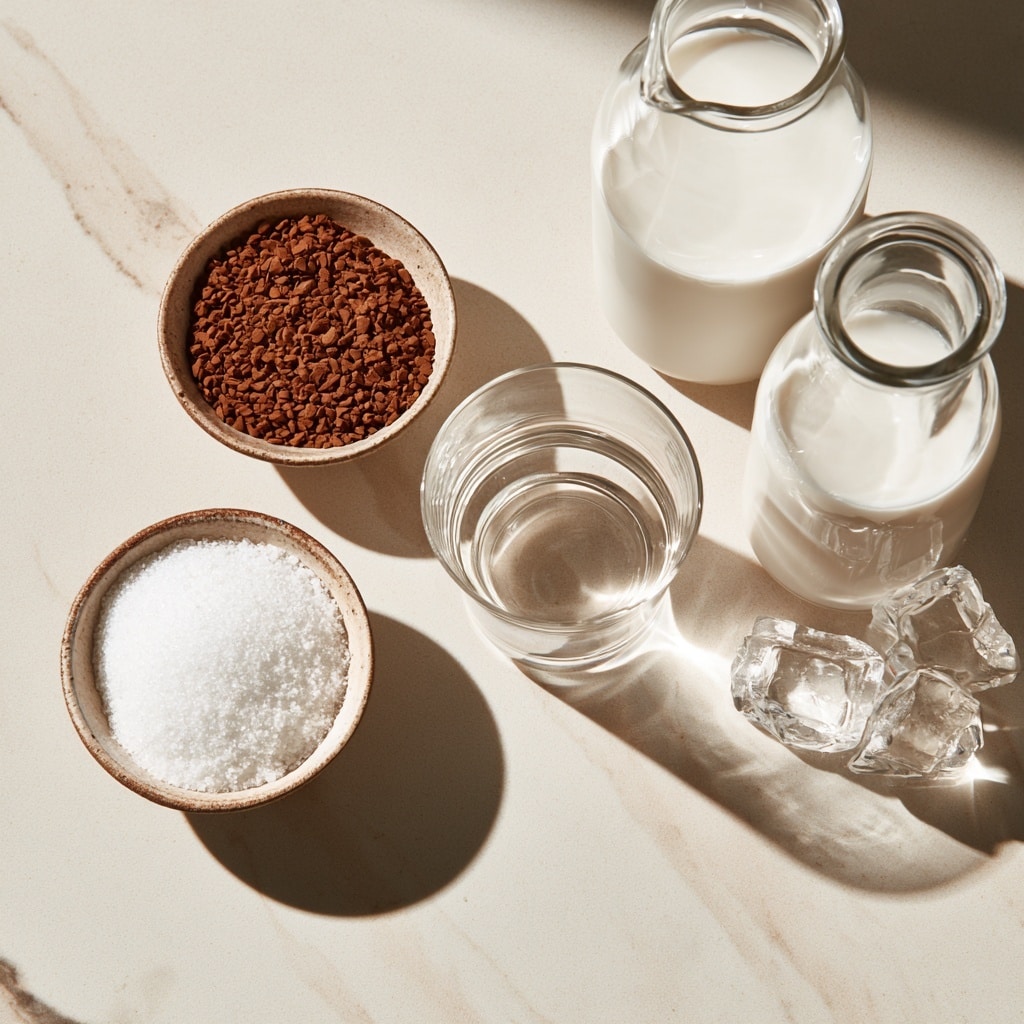 A clear glass bowl filled with a smooth, thick, light brown creamy mixture being whipped by a white hand mixer, with splashes of the mixture on the inner side of the bowl. Above the bowl, there are copper measuring spoons and a small bowl with a white powdery ingredient, a white square plate with dark brown granules, all set on a white marbled surface. Photo taken with an iphone --ar 4:5 --v 7