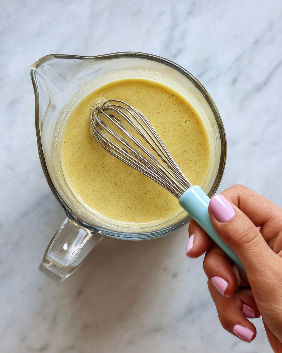 A clear glass measuring cup holds a yellowish mustard-colored sauce with a slightly grainy texture. Inside the cup is a silver whisk with a light blue handle, being held by a woman's hand with light pink nail polish. The scene sits on a white marbled surface, creating a clean and bright background. Photo taken with an iphone --ar 4:5 --v 7
