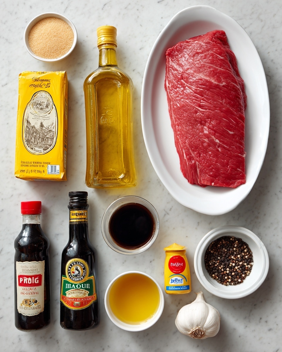 The image shows a white oval dish at the top right filled with a single, flat piece of raw red meat with a smooth texture and some white fat streaks. Below it, there is a row of nine items arranged side by side: a yellow carton of light brown sugar followed by a bottle of yellow cooking olive oil, a dark green bottle of balsamic vinegar with a vintage label, a black bottle of soy sauce with a red cap, a dark bottle of Worcestershire sauce with a beige label, a yellow bottle of Dijon mustard with a blue cap, a small red-capped container of crushed red pepper, a white bowl filled with coarse black pepper, and a whole white garlic bulb. All items are placed on a white marbled surface photo taken with an iphone --ar 4:5 --v 7