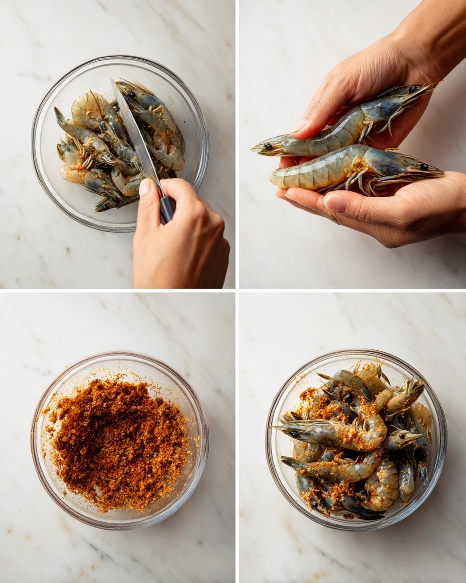 The image shows four stages of preparing shrimp in a clear white bowl on a white marbled surface. In the top left, a woman's hand holds a knife slicing shrimp, showing the translucent, light gray body with a slightly shiny, wet texture. Top right shows two woman's hands holding a shrimp, with its dark blue-gray tail visible. Bottom left reveals many shrimp pieces in the bowl covered with a layer of reddish-brown spice mix, which looks dry and crumbly. Bottom right displays the shrimp coated evenly in the spice mixture, turning a light golden color with some dark blue-gray shrimp tails showing through, all glistening slightly as if mixed well. Photo taken with an iphone --ar 4:5 --v 7