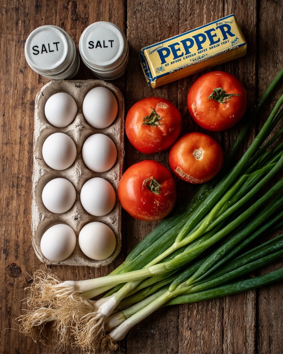 The image shows a wooden surface with cooking ingredients neatly arranged: two white ceramic containers labeled