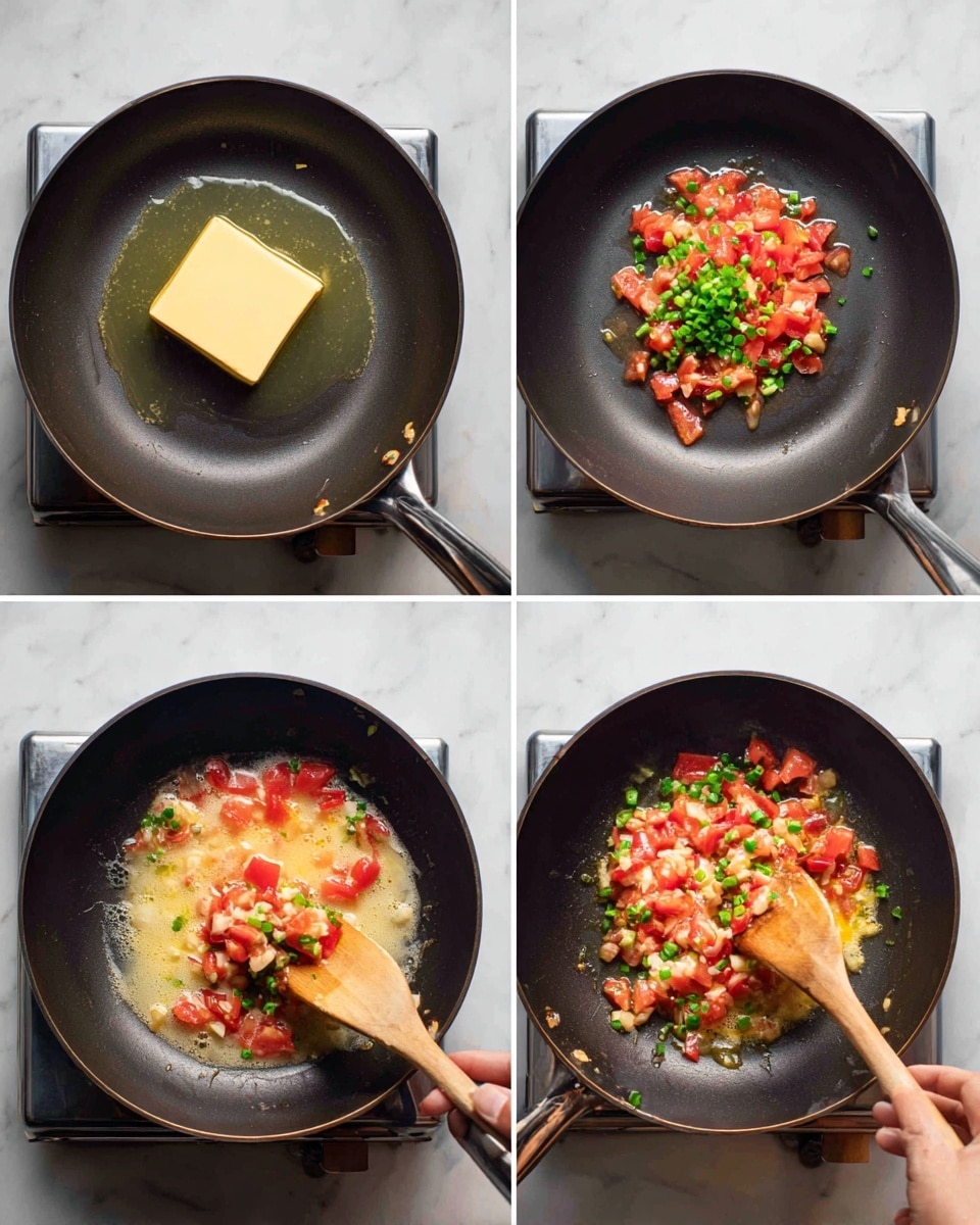 The image shows four panels of a frying pan on a stove with a white marbled surface. The first panel shows a single block of melting light yellow butter in the center of the dark frying pan. The second panel has the butter partly melted with chopped red tomato pieces and small green and white chopped spring onions added on top, sitting side by side in the pan. The third panel shows a woman's hand holding a wooden spoon stirring the tomato and spring onion mixture in the pan with melted butter underneath. The fourth panel has the same woman's hand continuing to stir the vegetables, which are now softened and mixed evenly, with the bright red and green colors blending more together amid the buttery base. photo taken with an iphone --ar 4:5 --v 7