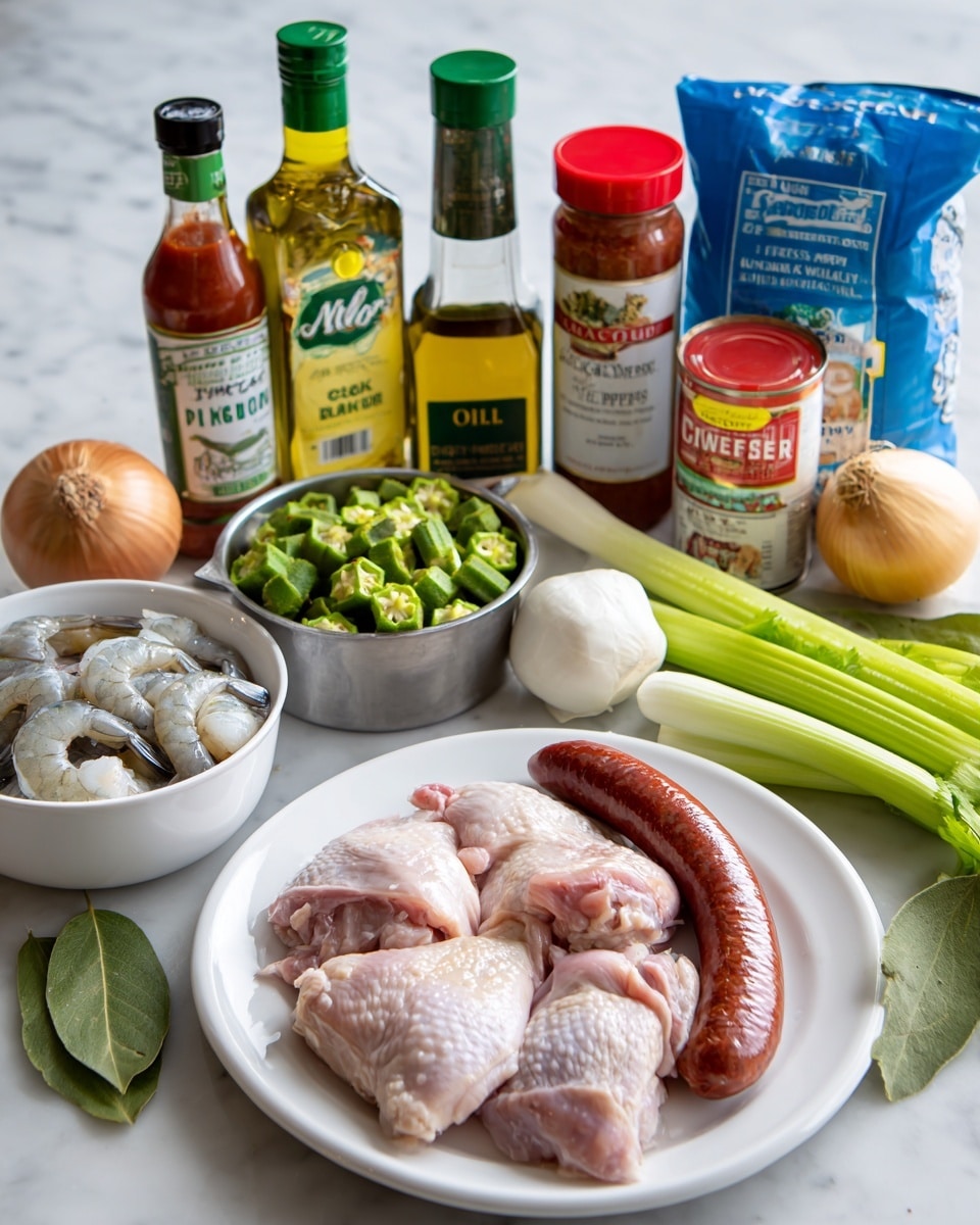 A white plate in the foreground holds several pieces of raw chicken with pink skin and white fat, topped with a loop of reddish-brown sausage. To the left, a white bowl contains raw gray shrimp with tails, next to a metal measuring cup filled with green okra pieces. Behind these, bottles and containers stand in a row: a clear bottle of canola oil with a green label, a blue bag of all-purpose flour, a tall bottle of Worcestershire sauce, a red-lidded shaker of thyme, a can of crushed tomatoes with a red label, a small yellow-lidded jar of chicken bouillon, and two white stacked containers labeled salt and pepper. Fresh produce includes two light green celery stalks, a garlic bulb, a round yellow onion, a green bell pepper, green onions, two bay leaves, and some sprigs of cilantro all placed on a white marbled surface. Photo taken with an iphone --ar 4:5 --v 7